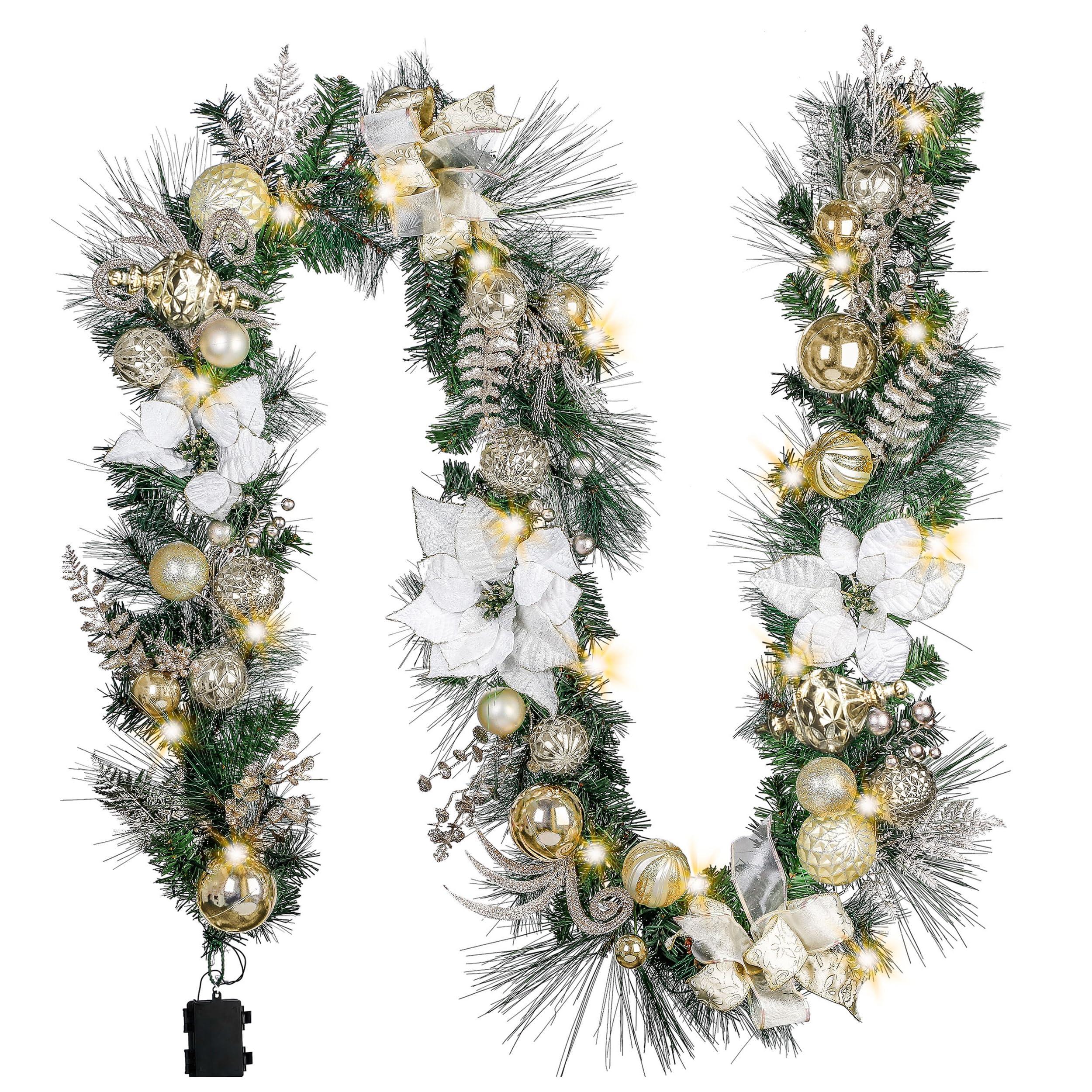 Photo 1 of Valery Madelyn 9 Feet Pre-Lit Christmas Garland with Lights for Mantle, Lighted Outdoor Xmas Garland with White Gold Balls & Magnolia for Home Stairs Fireplace Table Centerpiece Indoor Holiday Decor