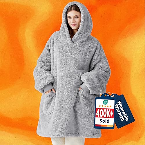 Bedsure Wearable Blanket Hoodie Women - Fluffy Fleece Hoodie Blanket for Adults Men, Warm Hooded Blanket as Gifts for Her, Grey, L