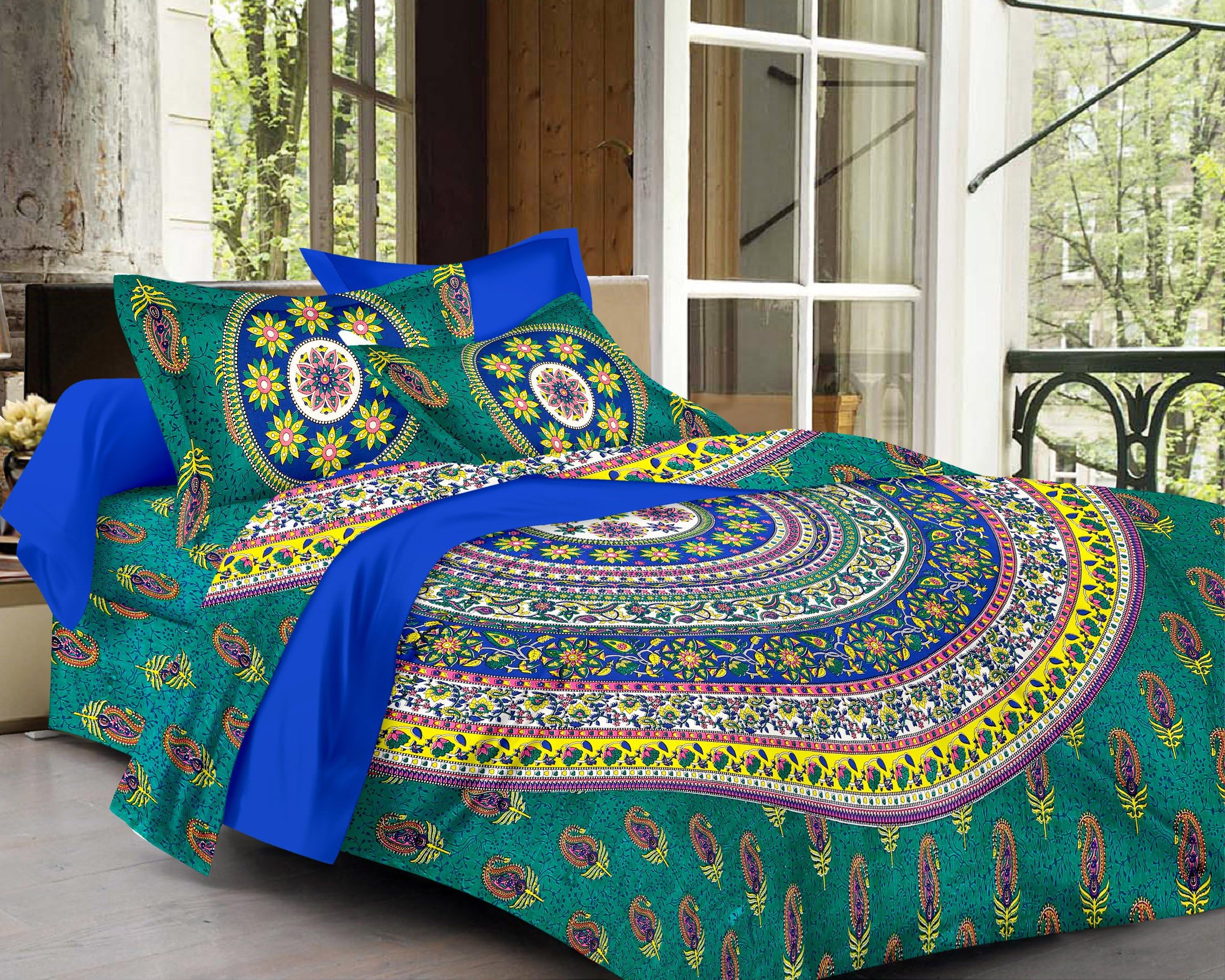 SheetKart Sapphire Cotton Double Bedsheet with 2 Pillow Covers - Fine Green