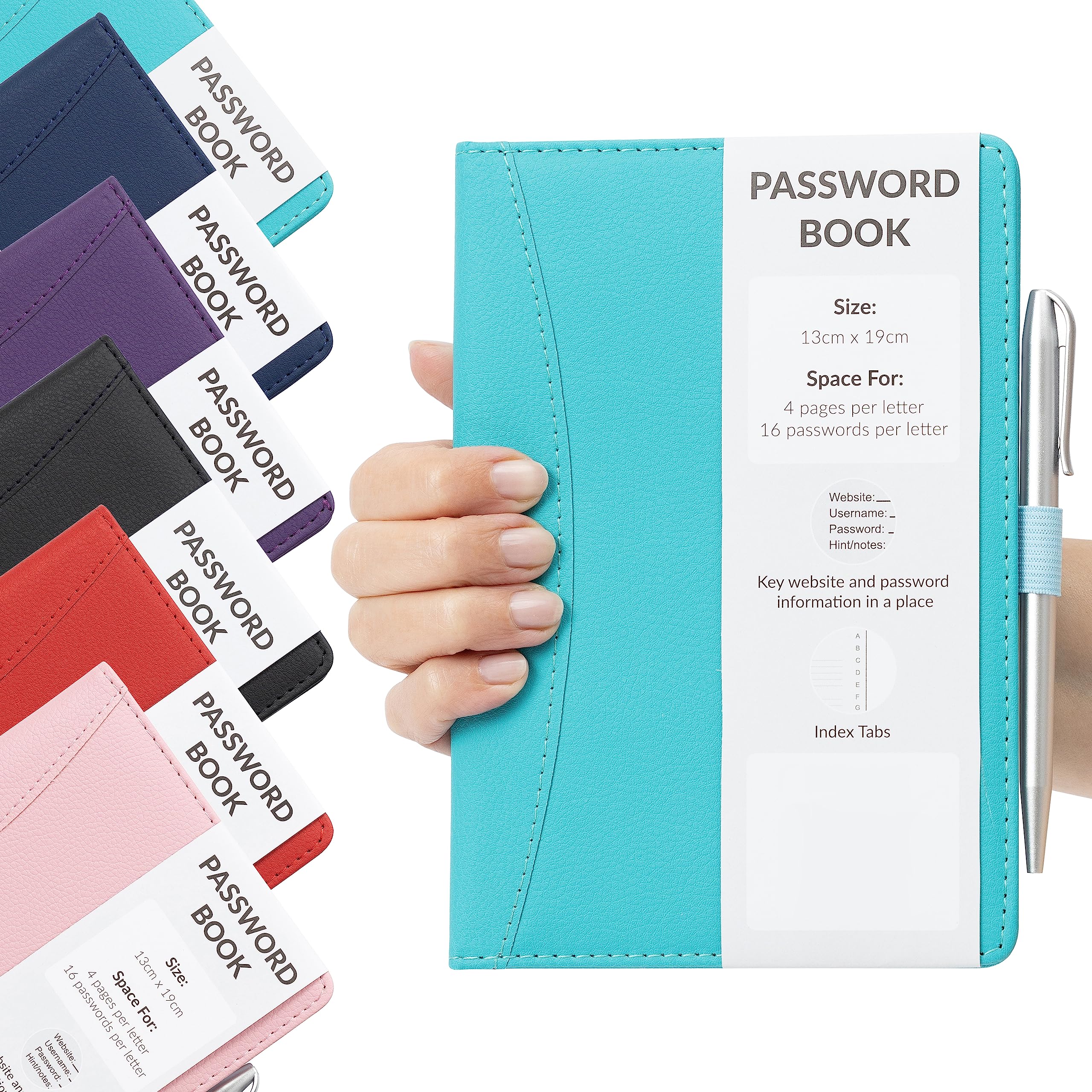 Password Book Alphabetical with Tabs - Secure Login Organiser for Websites, Username & Notes - Hardback A-Z Index Password Keeper with Pen (Turquoise)
