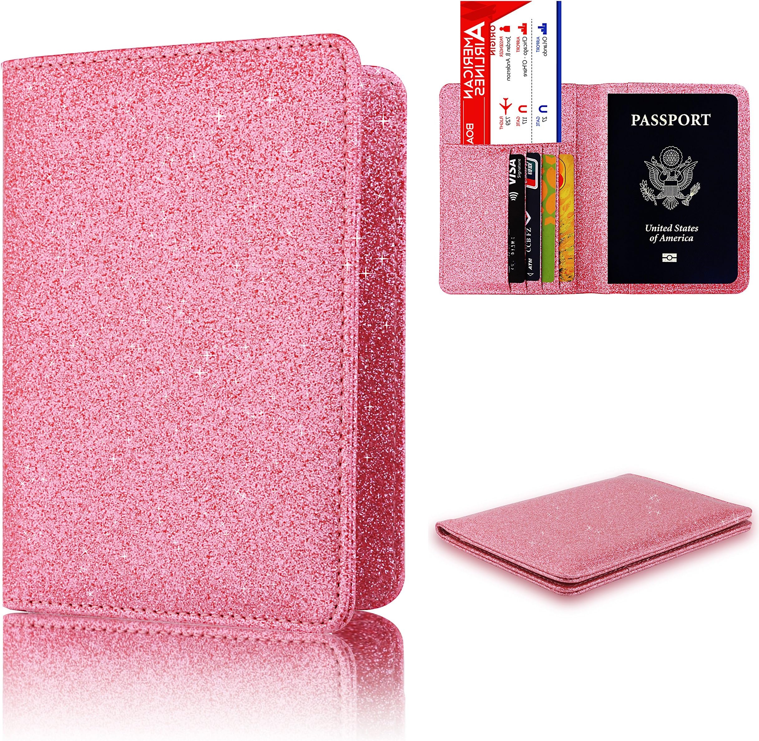 Anvas Passport Holder Travel Wallet - Premium Vegan Leather RFID Blocking Bling Case Cover - Securely Holds Passport, Business Cards, Credit Cards, Boarding Passes,Pink