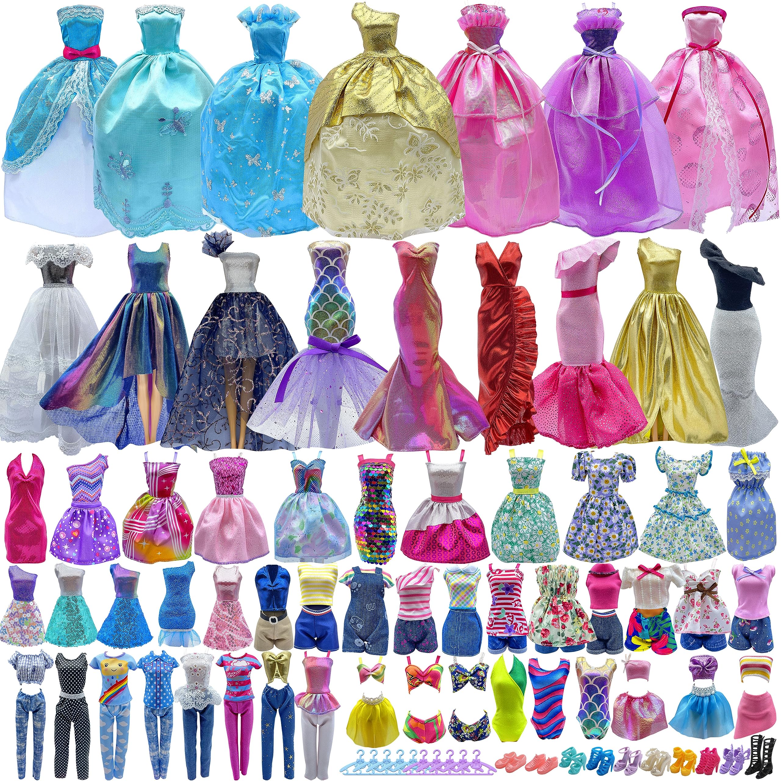 60PCs Doll Clothes Gift Set for 11.5 inch Doll and Barbie: 4 Wedding Gowns, 2 Evening Dresses, 8 Fashion Dresses, 6 Casual Outfits, 10 Pairs of Shoes, 10 Fashion Accessories, and 20 Hangers.
