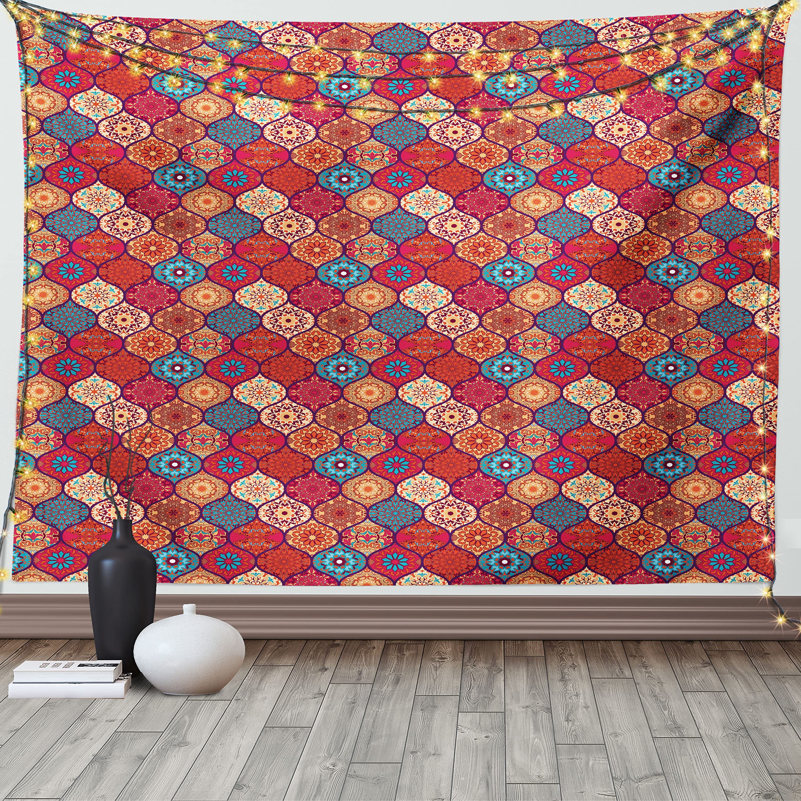 ABAKUHAUS Moroccan Tapestry, Oriental Wavy Curvy Pattern with Spring Nature Inspired Retro Style Art Motifs, Fabric Wall Hanging Decor for Bedroom Living Room Dorm, 90 W X 54 L, Multicolor