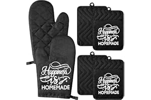 GROBRO7 6Pcs Funny Oven Mitts Pot Holders Set Happiness is Homemade Heat Resistant Hot Pads Machine Washable Gloves Durable Pocket Pot Holder with Hanging Loop for Safe Kitchen Baking Cooking Grilling