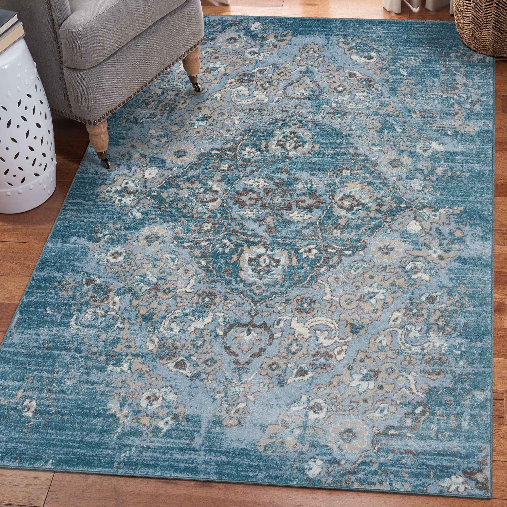 Persian Area Rugs Luxe Weavers Distressed Blue 5x7 Area Rug, Modern, Stain Resistant Carpet, Indoor Oriental Rug,4620 Blue 5x7 Image