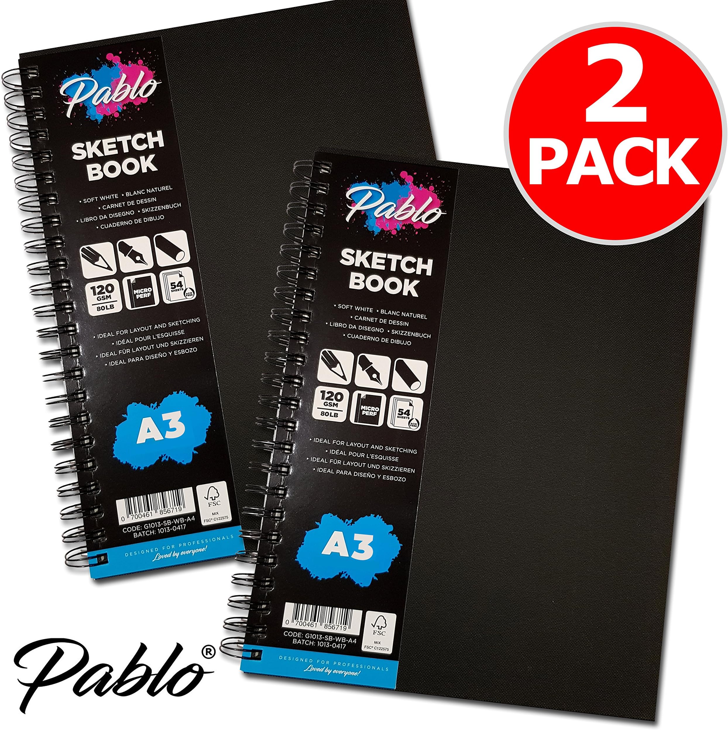 PABLO® Hardback Wiro Sketch Book (Twin Pack) – 120gsm, 54 perforated acid free sheets. Ideal for pencil sketches & drawing compositions in charcoal, coloured pencil / graphite, plus watercolour roughs (A3)