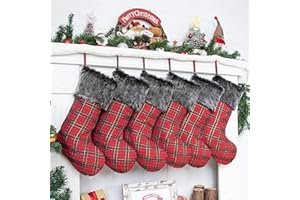 JEKOSEN Red Plaid Classic Christmas Stockings Set of 6 with Black Faux Fur Plush Cuff Traditional Hanging Xmas Stockings for Christmas Fireplace Decorations Socks 6 Pack