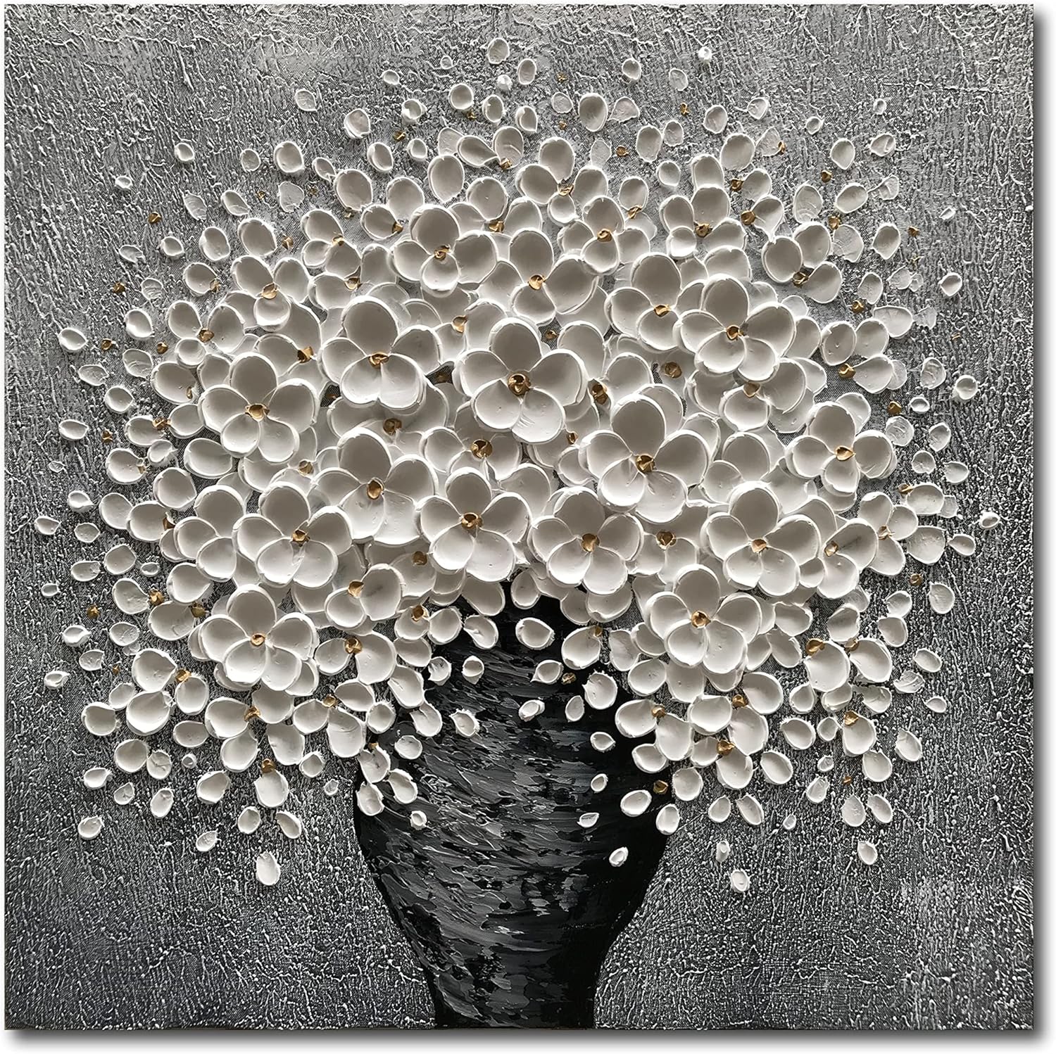 Paintings - Epicler art 100% Hand-Painted White Flower Art Oil Painting, Modern Home Furnishing Canvas Painting Decoration, 3D Abstract Mural Painting,24x24 inch Frame Wall Art Hanging