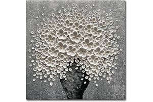 Epicler art 100% Hand-Painted White Flower Art Oil Painting, Modern Home Furnishing Canvas Painting Decoration, 3D Abstract Mural Painting,24x24 inch Frame Wall Art Hanging