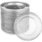 Ilyapa 100 Pack 6 Inch Disposable Dessert Plates, Plastic Clear Party Sets for 100 Guests, Clear Appetizer and Cake plates 6", Party & Dinner Accessories, Silver Glitter