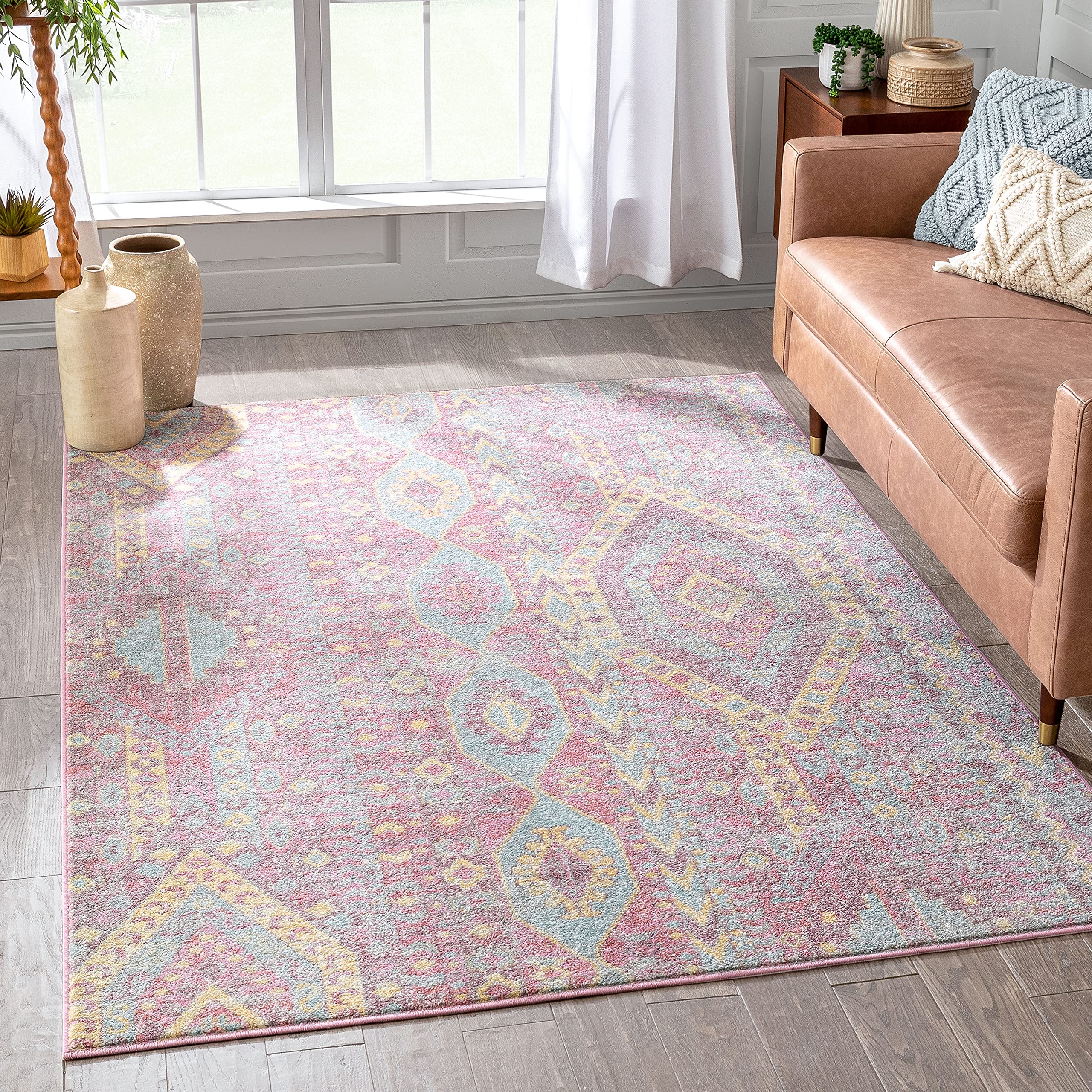 Well Woven Ollie Bohemian Vintage Blush Tribal Diamond Stripes Pattern Area Rug 8x10(7'10" x 9'10") Image