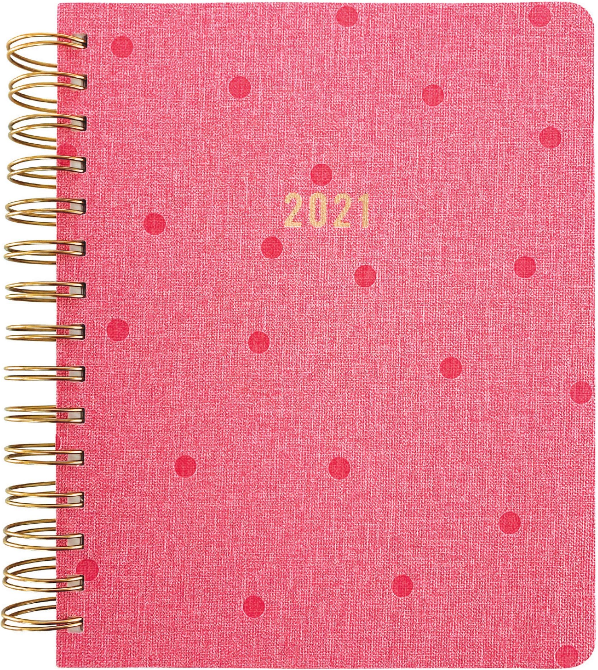 "Graphique 2021 Spiral Bound Vegan Leather Planner – 6” x 8"", 18-Month Calendar (July '20-Dec. '21), Pink Polka Dot Design with ""2021"" on the Cover – Laminated Tabs & 2 Sheets of Gold Foil Stickers" (PUWS00321)