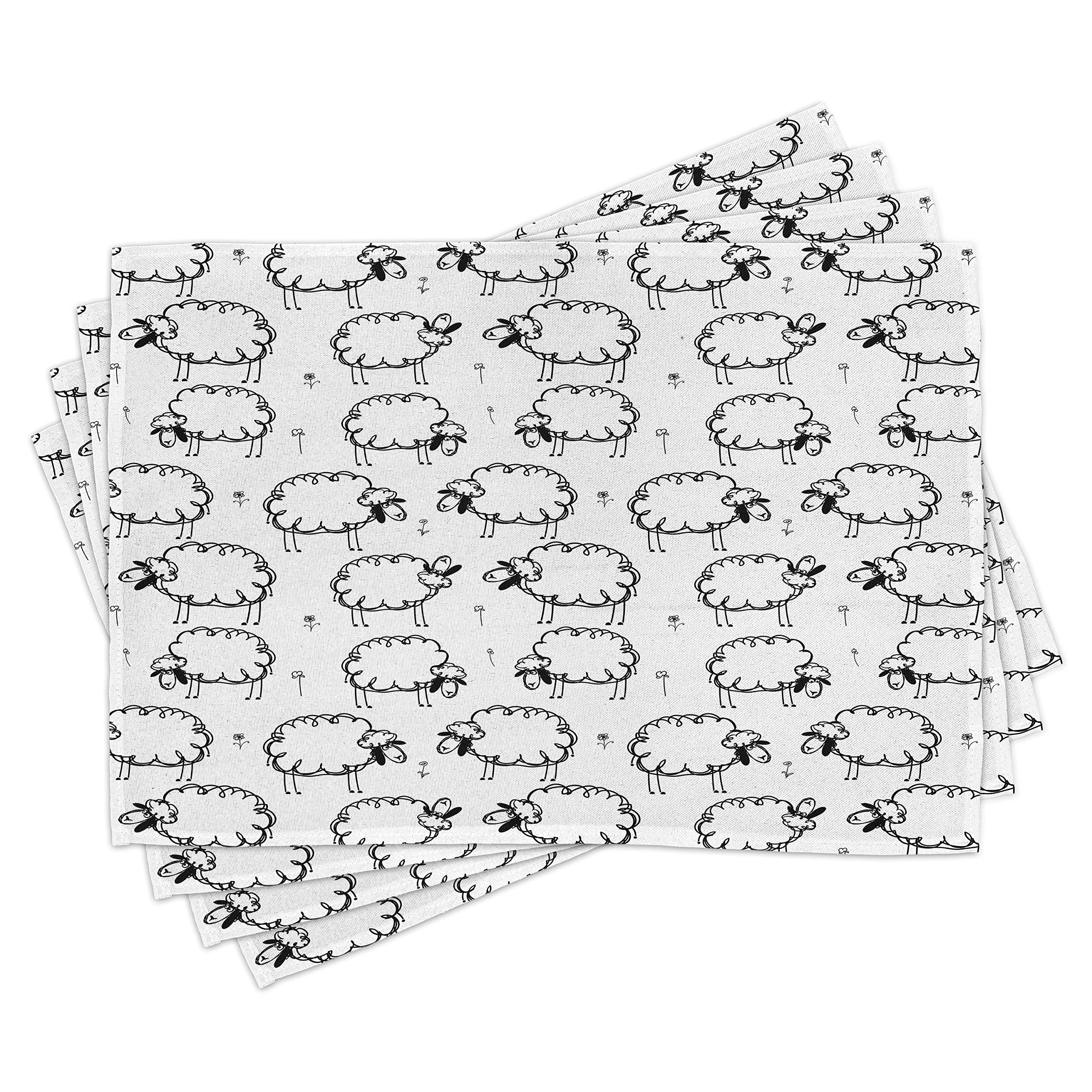 ABAKUHAUS Funny Place Mats Set of 4, Funny Sheeps on a Meadow, Washable Fabric Placemats for Dining Room Kitchen Table Decor, Black White