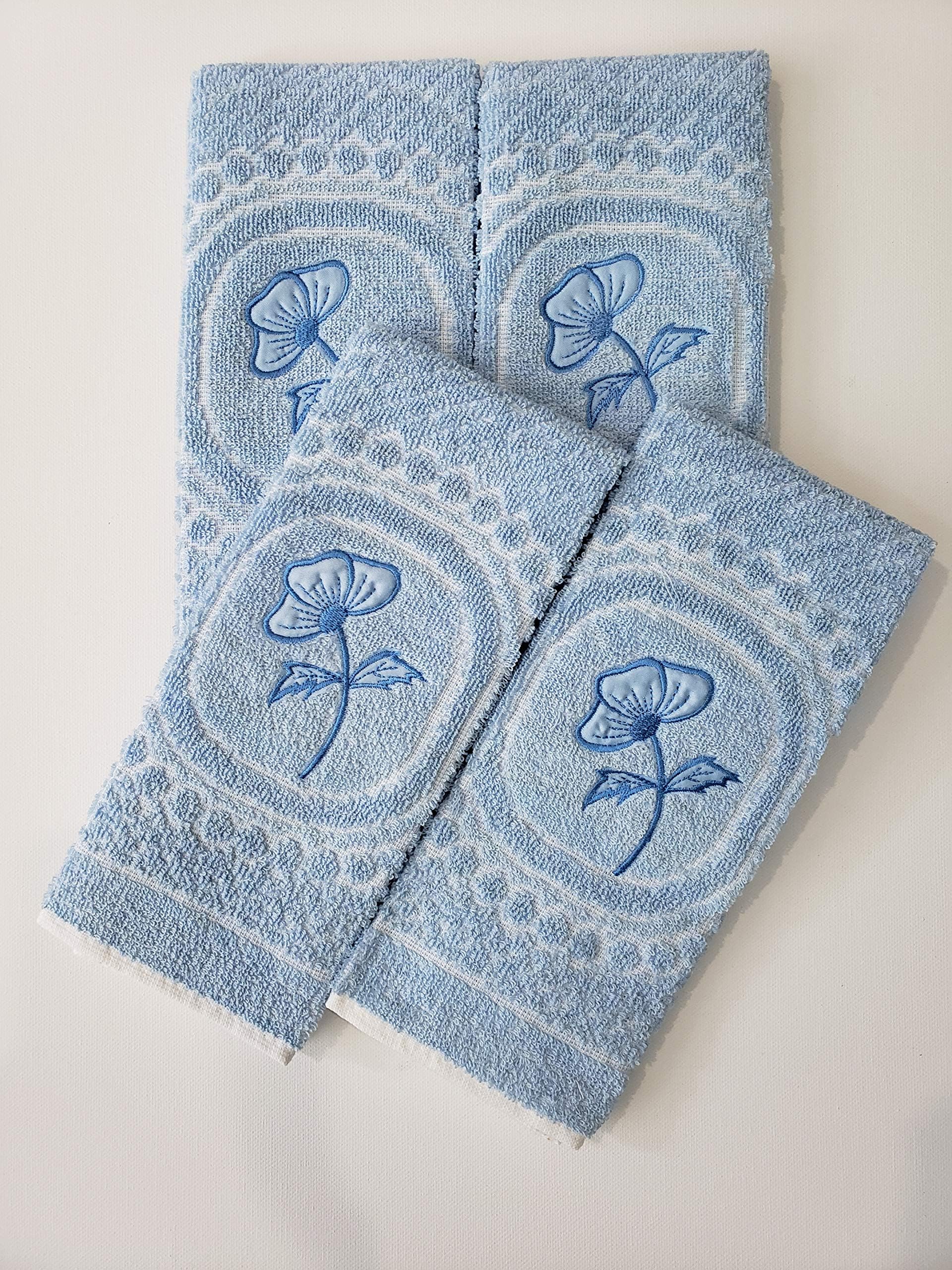 Set of 4. 100% Cotton Fingertip or Hand Towels. Size 12"x 20" (Blue with Blue Flower Applique)