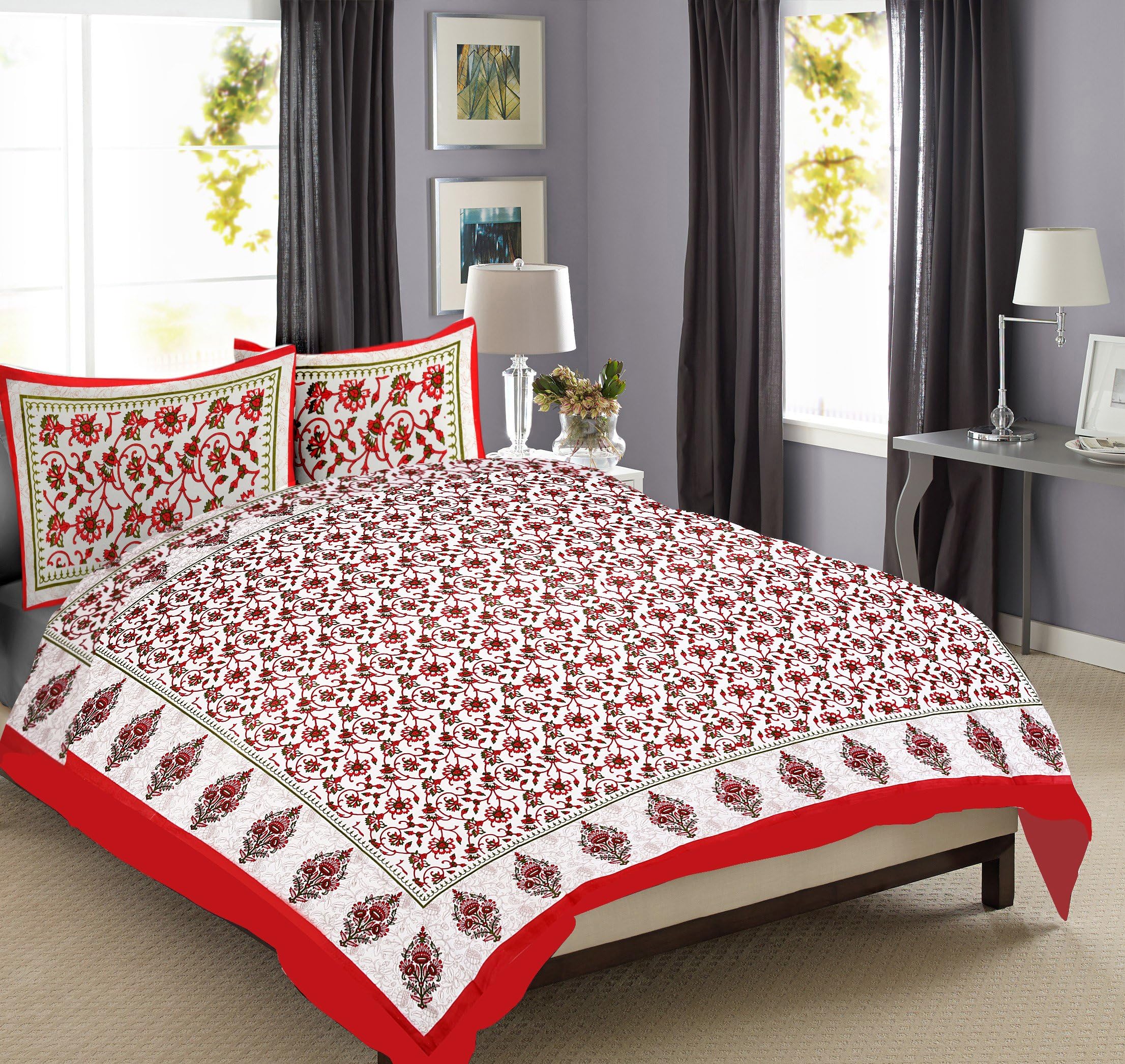 Jaipur Textile - Exclusive bedsheets Set for Double Bed Cotton Full King Size Luxury Designer Jaipur 100% Cotton Sanganeri Printed Mattresses Bedcover Traditional Duvet with 2 Pillow Cases (Red)