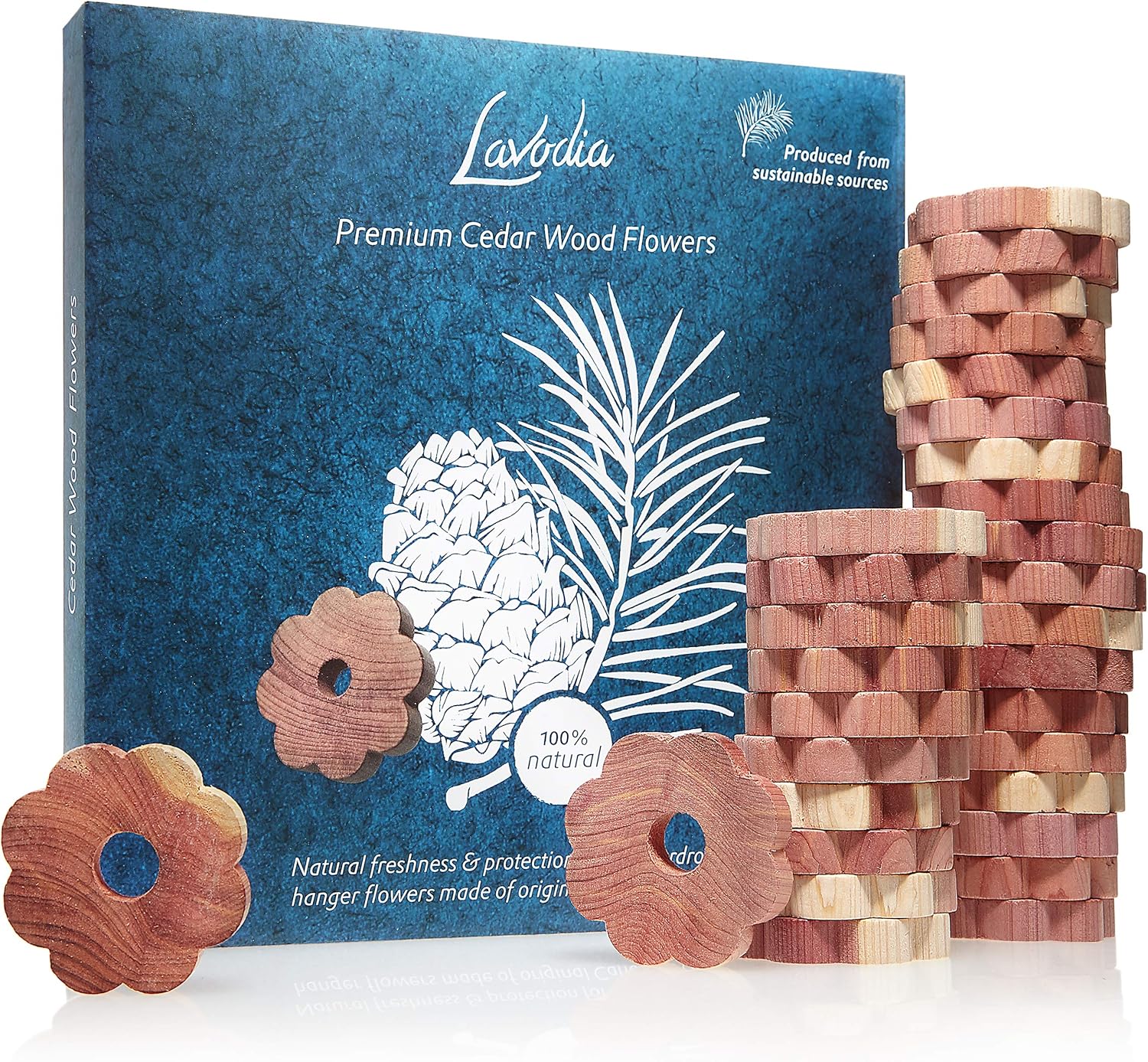 LAVODIA 30x Premium Zedernholz Ringe gegen Kleidermotten, Zeder Blumen als natürlicher Mottenschutz im Kleiderschrank, chemiefreie Mottenfalle gegen Kleider Motten, 30 Zedernholzringe