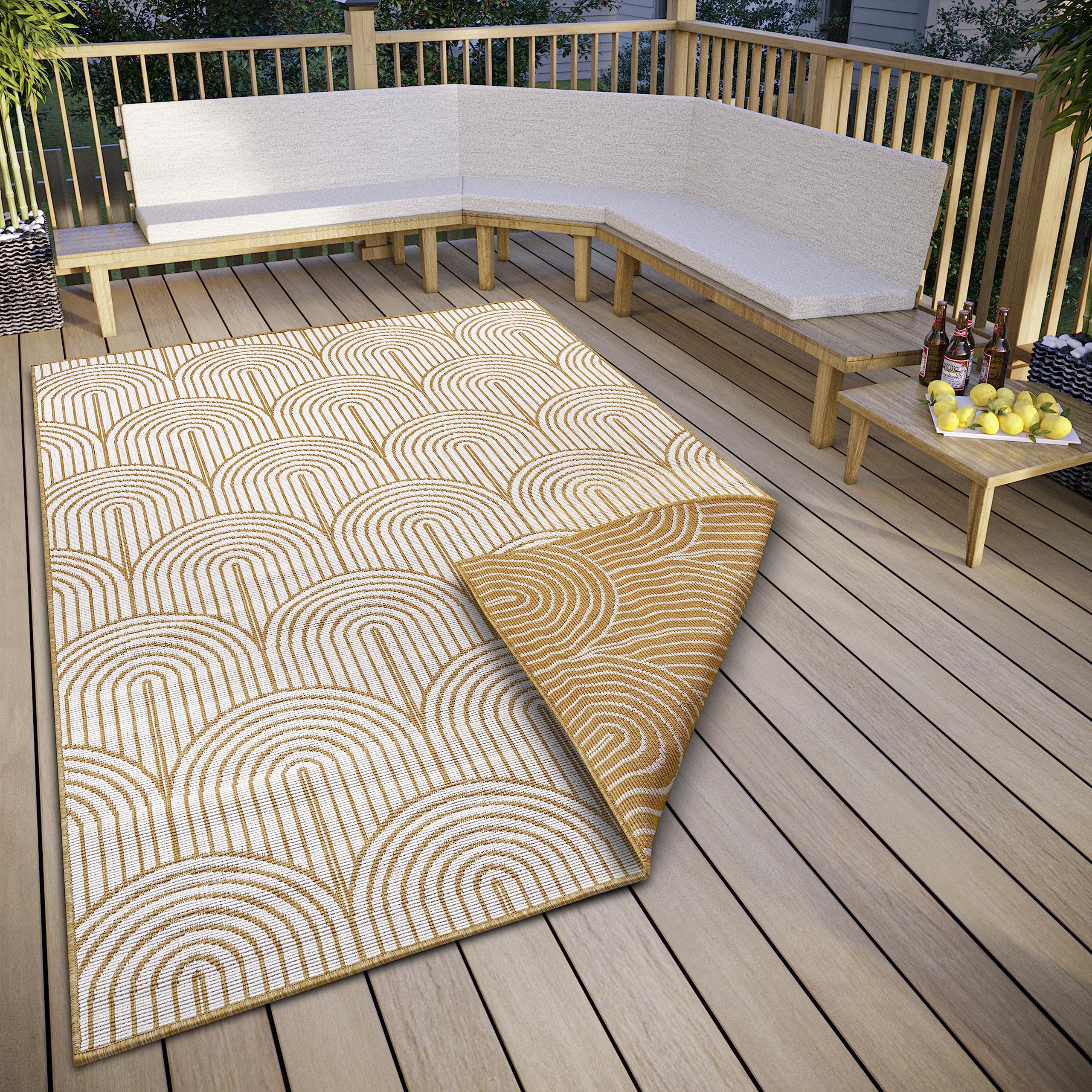 Hanse Home Pangli Outdoor Rug Weatherproof - Reversible Rug Scandinavian Boho Style Waterproof Plain Geometric 3D Effect for Garden, Balcony, Patio, Living Room - Ochre, 80 x 150 cm