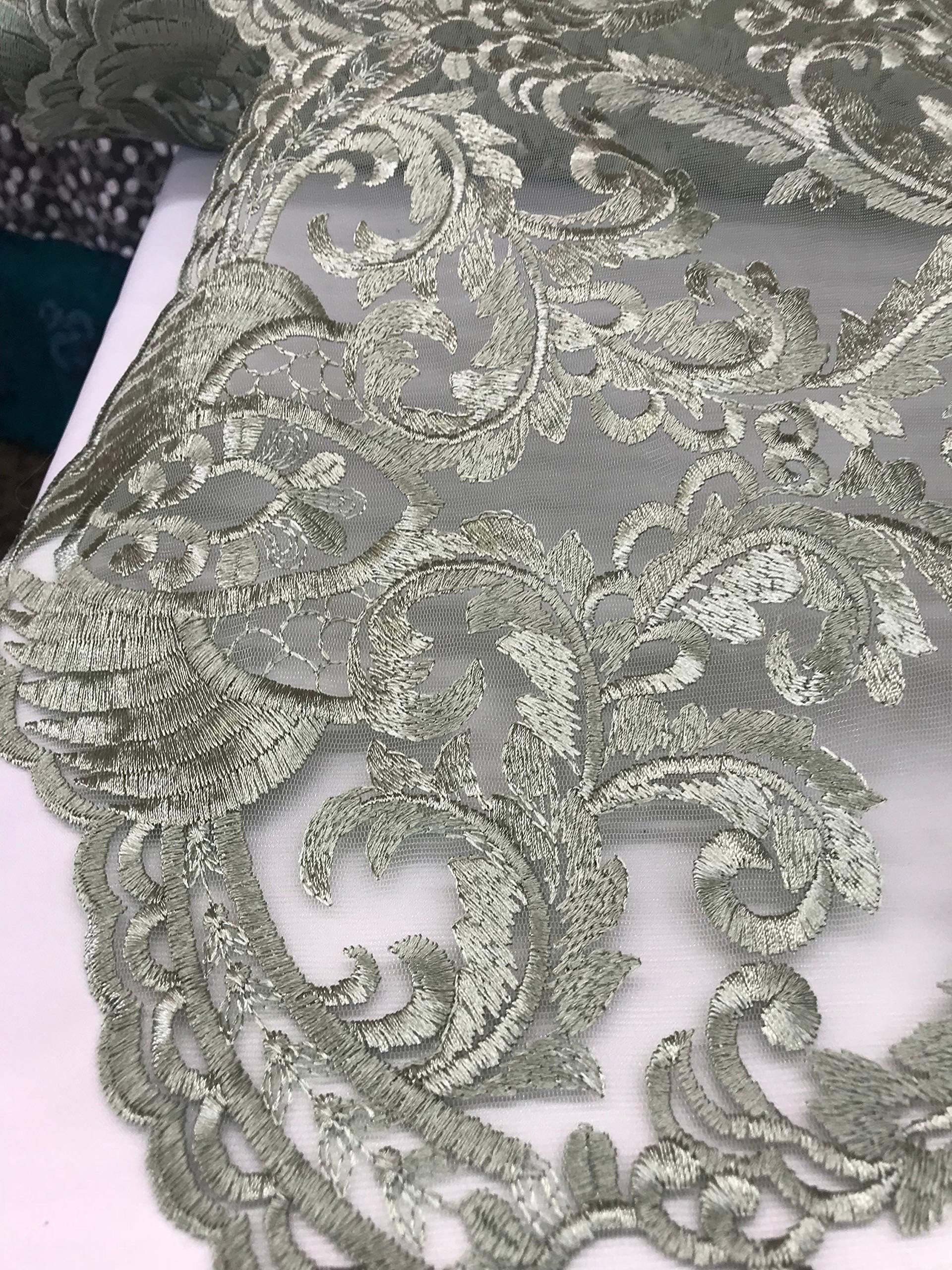 Gorgeous Sage Floral Embroidery Beads Mesh Tulle Bridal Lace Fabric by Yard