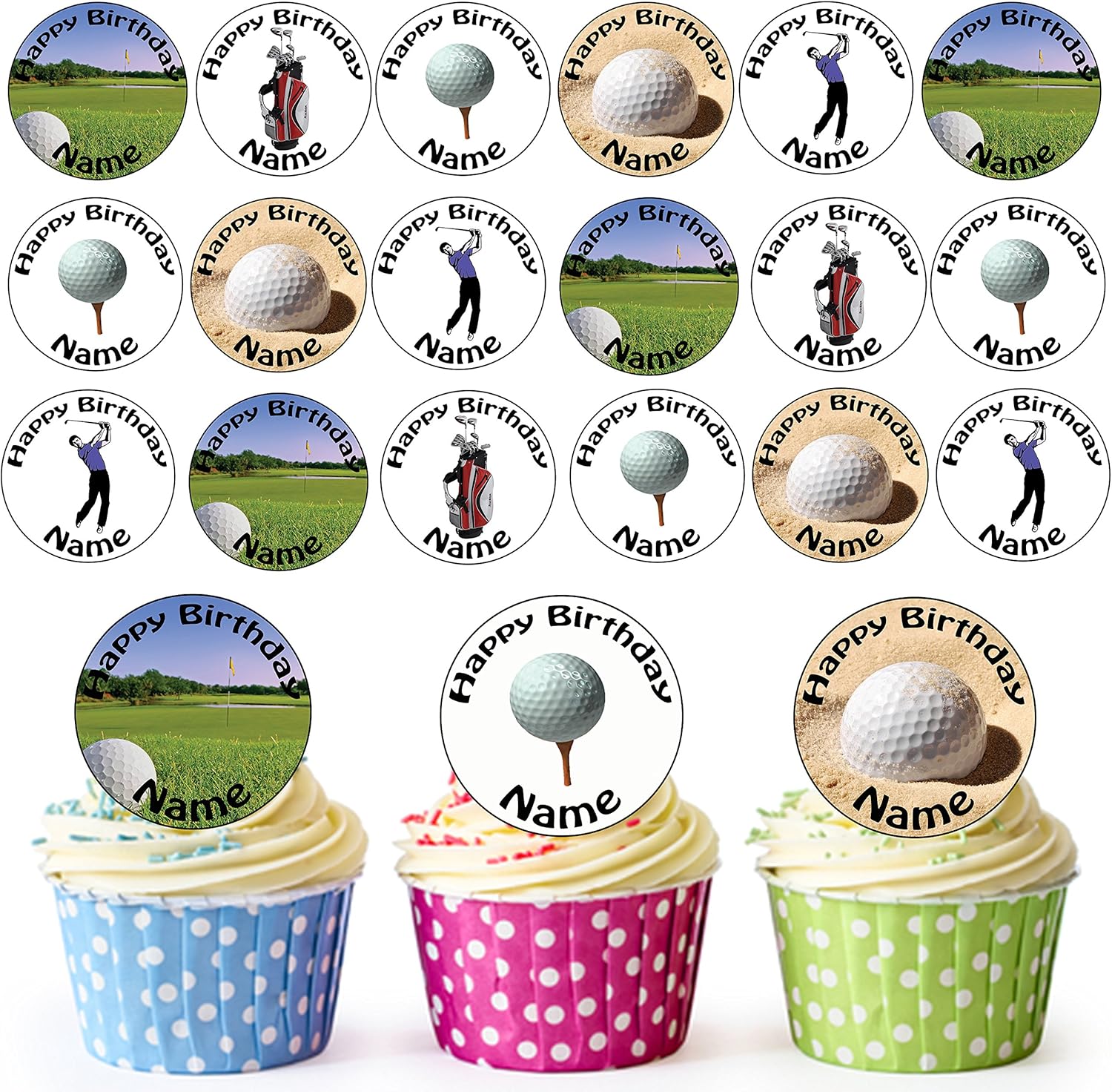 Golf Golfing Mix 24 Personalised Edible Cupcake Toppers/Birthday Cake