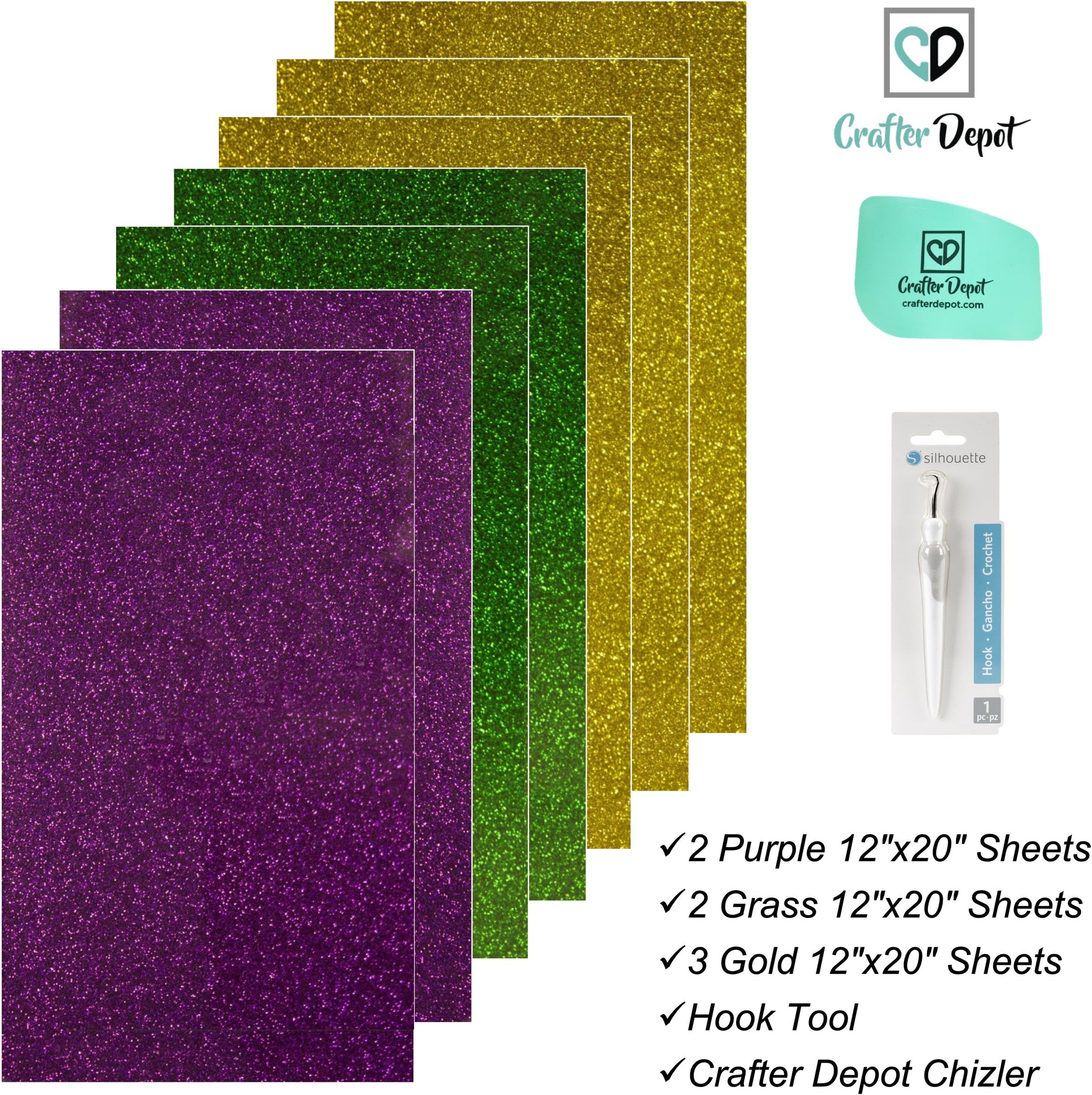 Glitter HTV Mardi Gras Bundle - 2 Green, 2 Purple & 3 Gold 12" x 20" Heat Transfer Vinyl Sheets, CD Chizler & Silhouette Hook Tool | Iron-on Heat Press from Cricut Cameo Cutter Punch