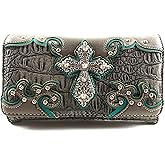 Justin West Western Tooled Croc Animal Faux Leather Silver Rhinestone Cross Studded Wristlet Trifold Wallet Attachable Long Strap (Pewter)