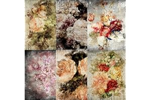 USNYABNI Distressed Bouquet Rice Paper, 8 x 10.5 inch - 6 x Different Printed Mulberry Paper Images 30gsm Visible Fibres for Decoupage Crafts Mixed Media Collage Art