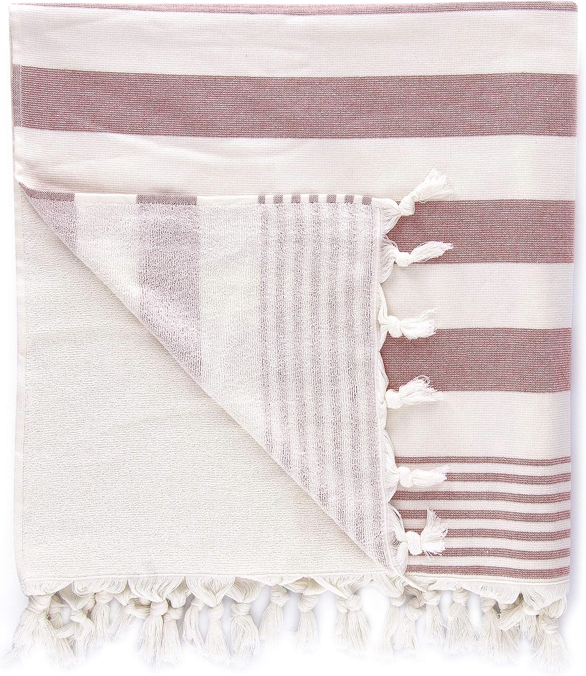 Cottonna 100% Turkish Cotton Fouta Towel | Peshtemal Front with Terry Loop Back | Beach Spa and Bath Towel (Coral Stripes)