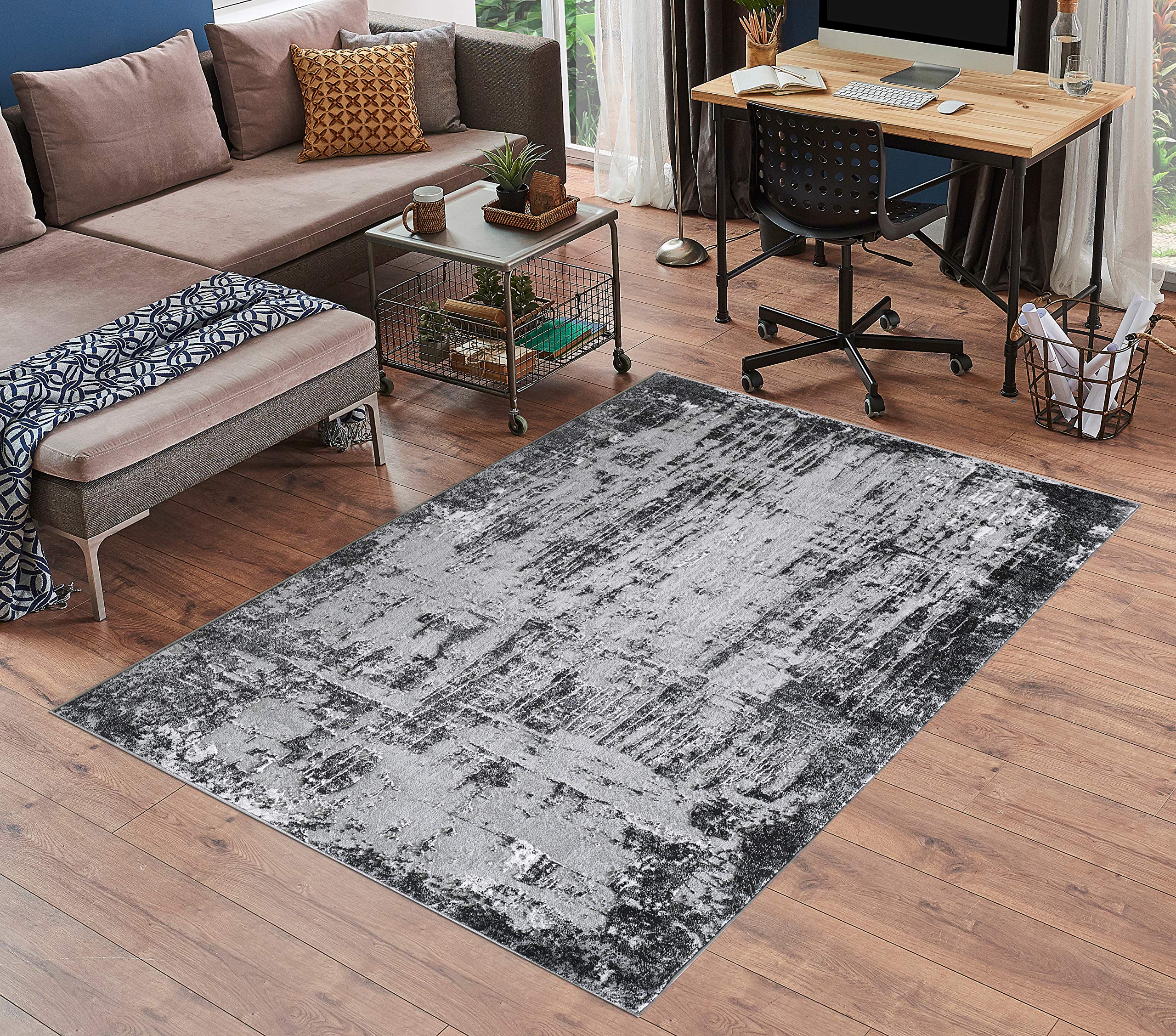 Serdim Rugs Serenity Modern Abstract Abrasion Contemporary Area Rugs, polyester, Black, 60x110cm (2'x3'7")