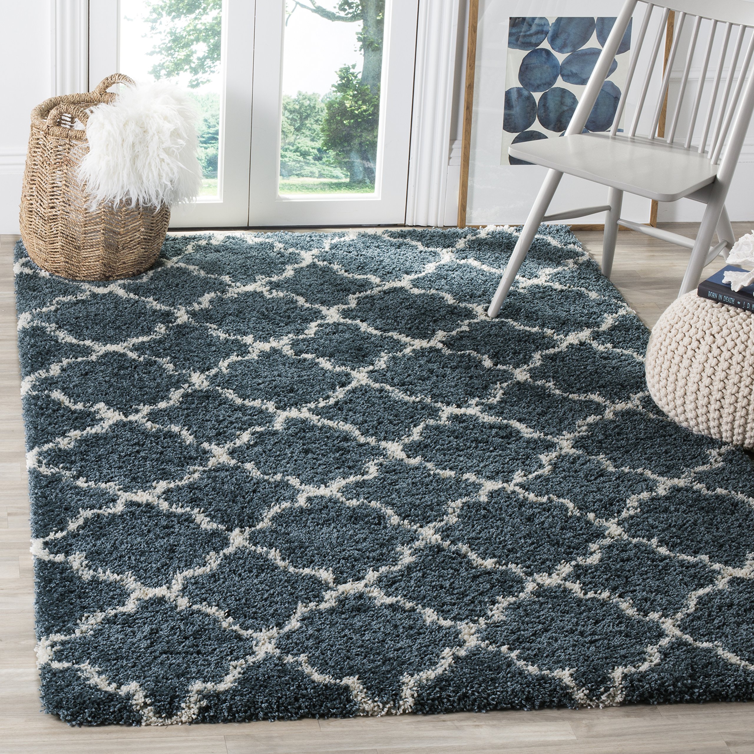 SAFAVIEH Hudson Shag Collection Area Rug - 5'3" x 7'6", Slate Blue & Ivory, Moroccan Trellis, Non-Shedding & Easy Care, 2-inch Thick Ideal for High Traffic Areas in Living Room, Bedroom (SGH282L) Image