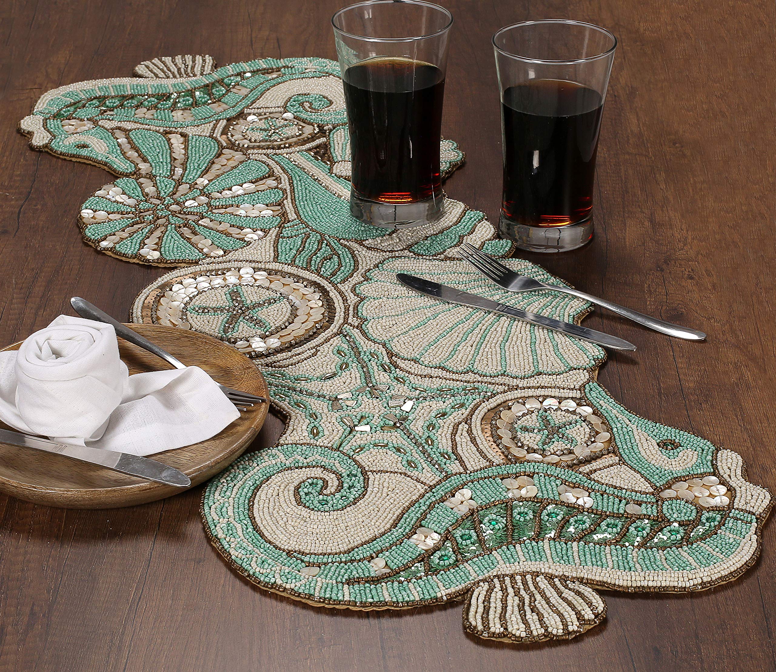 Handcrafted Coastal Theme Sea Shells Beaded Table Runner Beach Nautical Decor Tabletop Multi Colour-Home Decor Mat for Wedding Christmas Decoration Family Gathering - Pack of 1 Measure 13 x 36 inches
