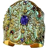Elaine Coyne Collectible Artwear Olive Patina Brass Zinnia Flowers Wide Cuff - Authentic Glass Crystals