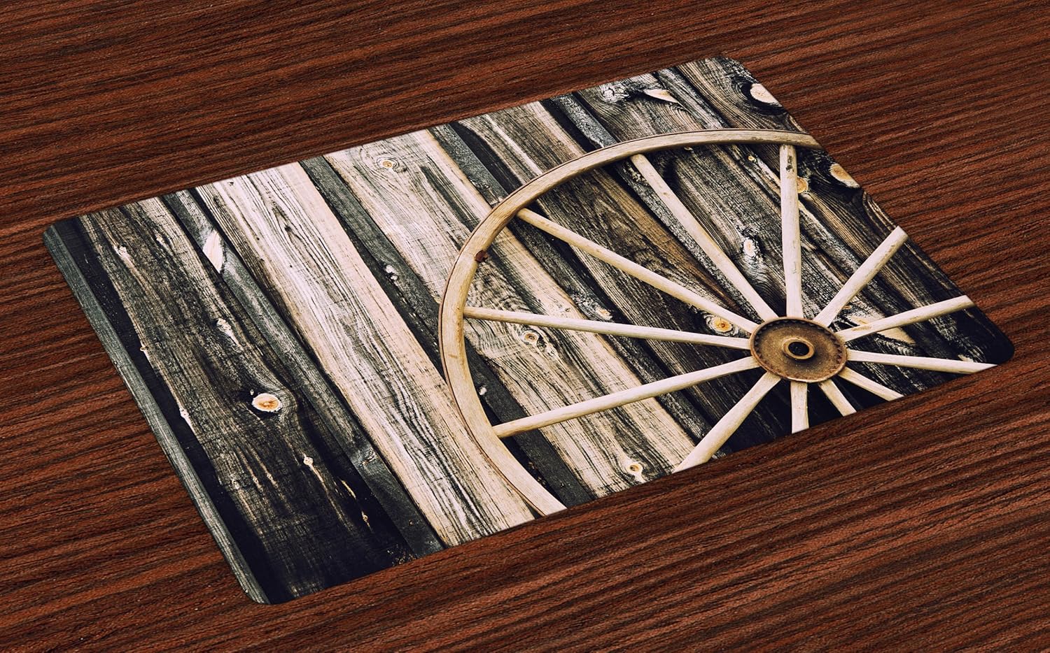 Ambesonne Barn Wood Wagon Wheel Place Mats Set of 4, Wooden Barn Door and Vintage Rusty Wheel Rustic Home Farm, Washable Fabric Placemats for Dining Room Kitchen Table Decor, Black Pale Brown