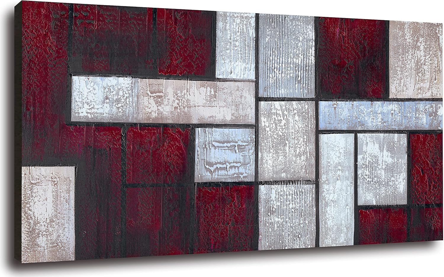 Paintings - Large Abstract Squares Canvas Wall Art Hand Painted Modern Dark Red Oil Painting Heavy Textured Artwork for Living Room Bedroom Office Decoration Framed 60x30inch