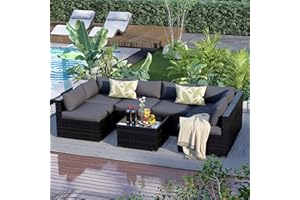 ELEGIBLISS 7 Pieces Patio Furniture Set - Outdoor Sectional Wicker Rattan Furniture with Cushion and Glass Table Patio Conversation Sets for Porch Poolside Backyard Outdoor Sofa Set Modular Sofa