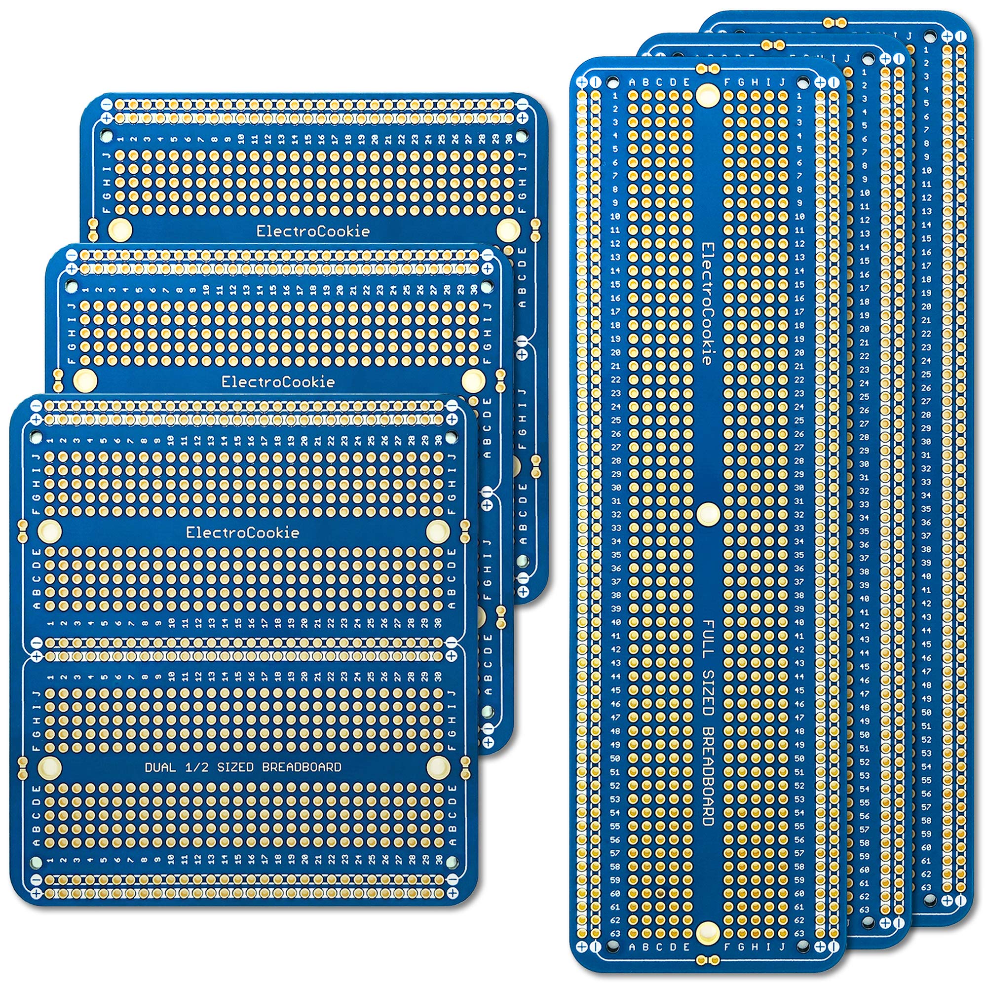 ElectroCookie Large PCB Prototype Board Kit Solderable Breadboards for Electronics Projects Compatible for DIY Arduino Soldering Projects, Gold-Plated (6 Multi-Pack, Blue)