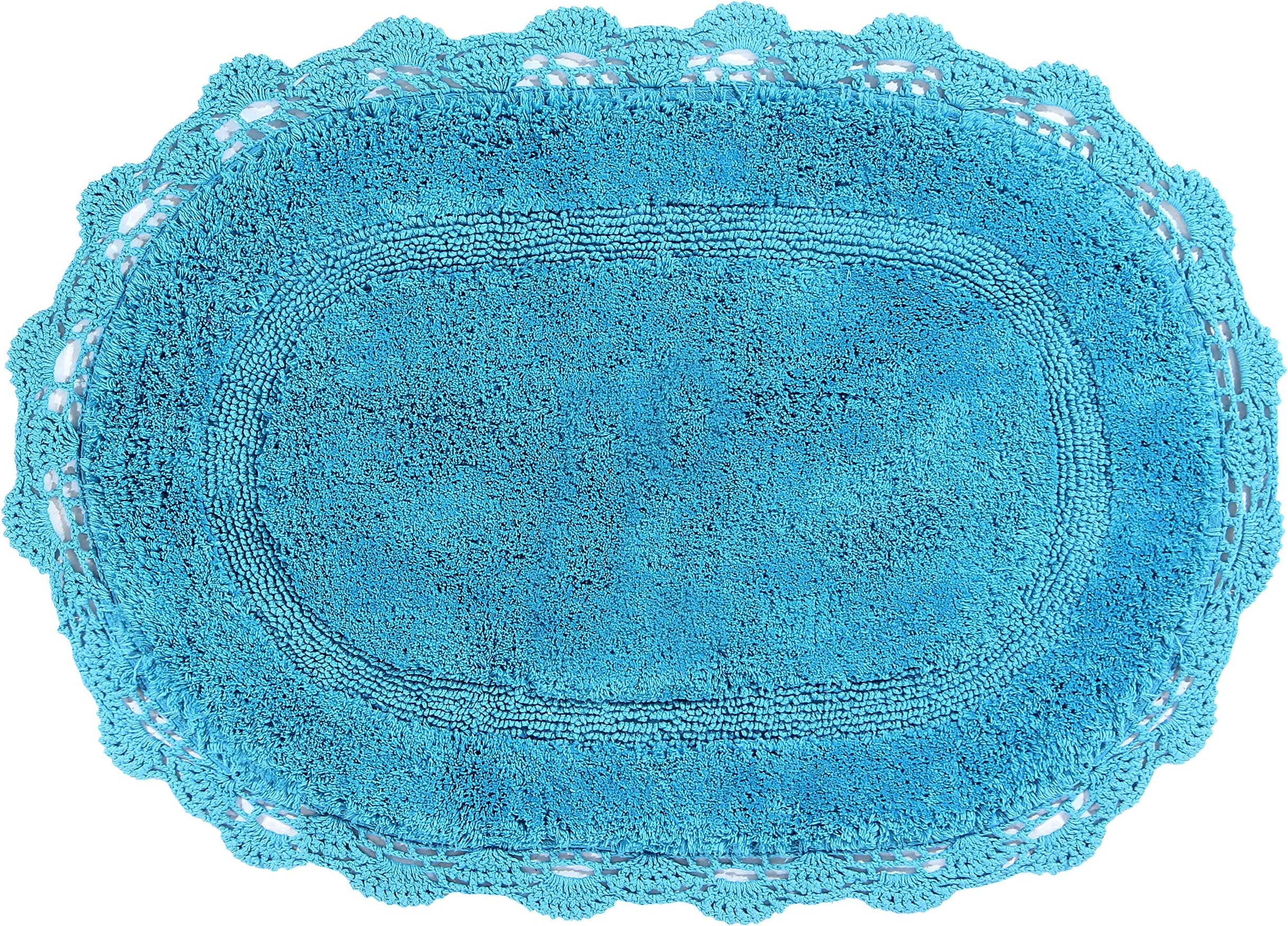 WARISI - Oval Crochet Collection - Designer, Plush Cotton Rug (20x32 inches, Aqua Blue)