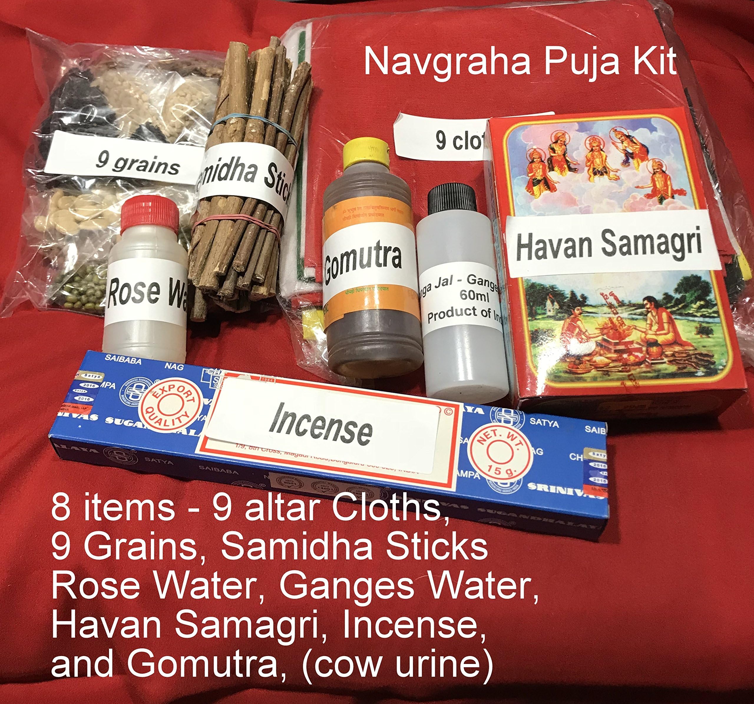 Navgraha Puja Kit - 8 items - Puja Ceremony - 9 altar cloths, 9 grains, gomutra, ganges water, incense, havan samagri, samidha sticks, rose water,