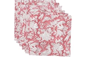 CPC COTTON PRINT CLUB CPC Cloth Napkins Set of 6 Cotton Printed Dinner Block Print Napkins I Wedding Cocktail Cloth Floral Napkins I 18x18 in I Coral Pink