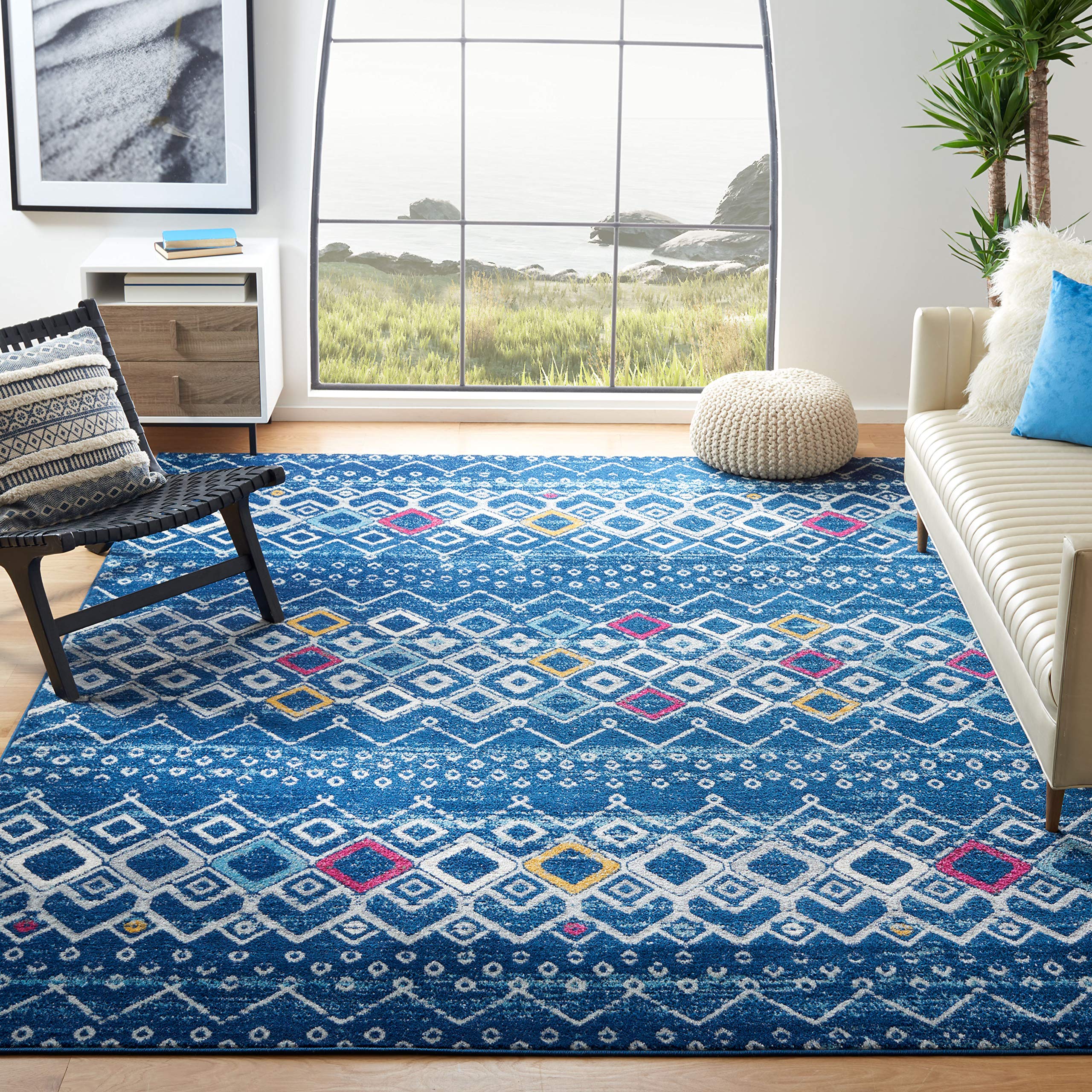 SAFAVIEH Amsterdam Collection X-Large Area Rug - 11' x 15', Navy & Turquoise, Moroccan Boho Design, Non-Shedding & Easy Care, Ideal for High Traffic Areas in Living Room, Bedroom (AMS108M) Image