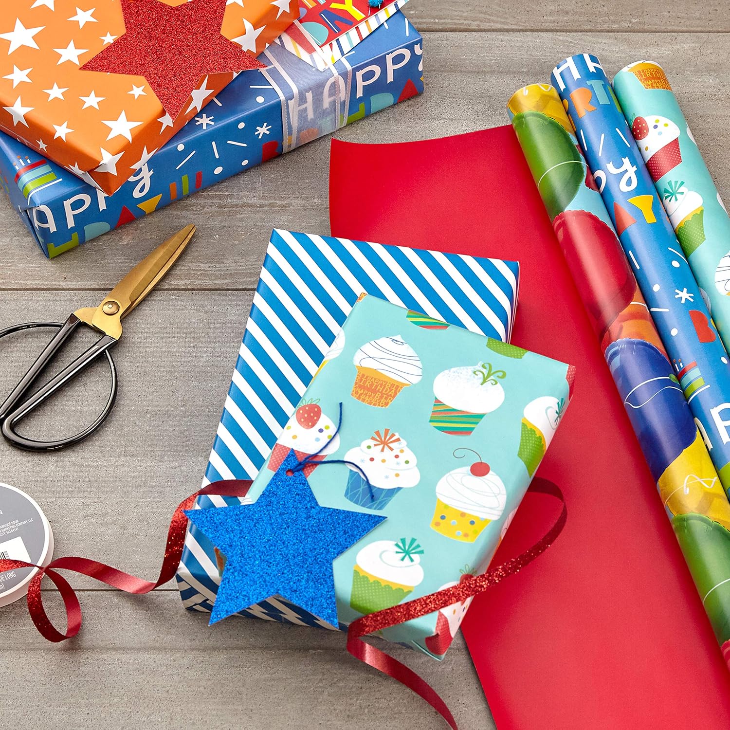 Hallmark All Occasion Reversible Wrapping Paper Bundle - Kids Birthday (3 Rolls - 75 sq. ft. ttl) Balloons, Stars, Cupcakes, Blue Stripes, Solid Red: Kitchen & Dining