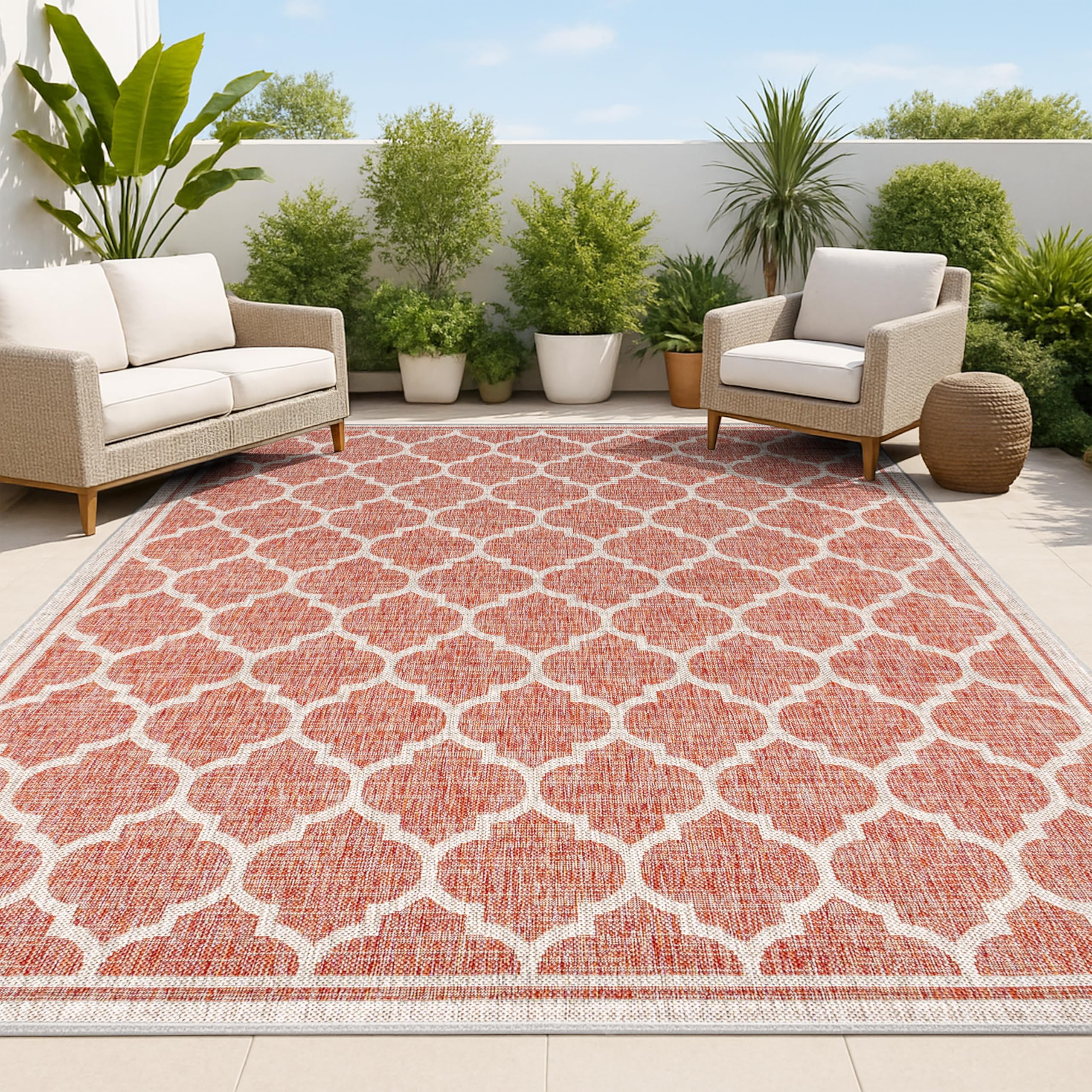 JONATHAN Y Moroccan Trellis Indoor Outdoor Area Rug 10X14 Red/Beige, Trebol Textured Weave for Backyard, Patio, Porch, Easy-Cleaning, High Traffic, Pet-Friendly, Non-Shedding (SMB109C-14) Image