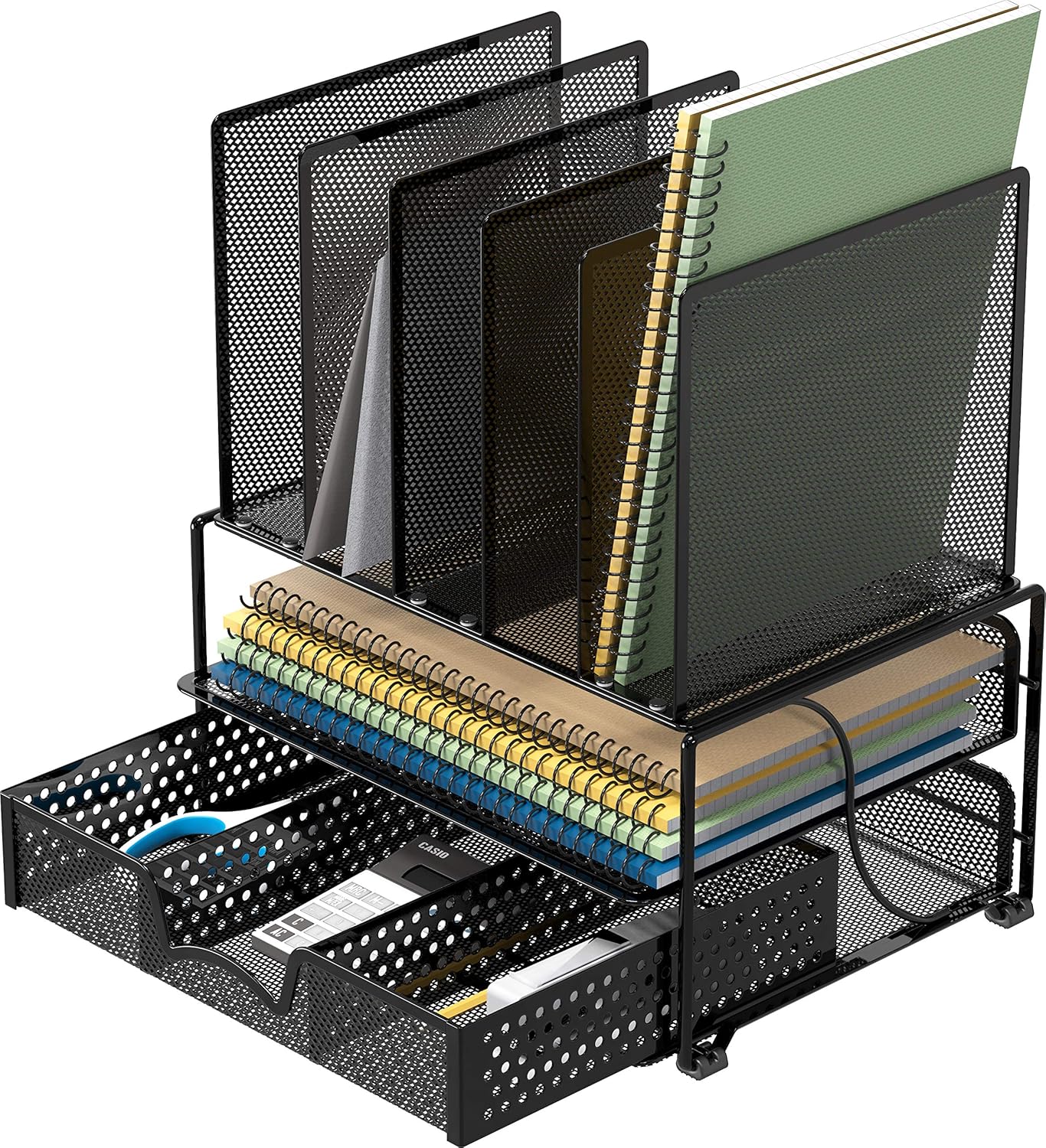 SimpleHouseware Mesh Desk Organizer with Sliding Drawer, Double Tray and 5 Upright Sections, Black : Office Products