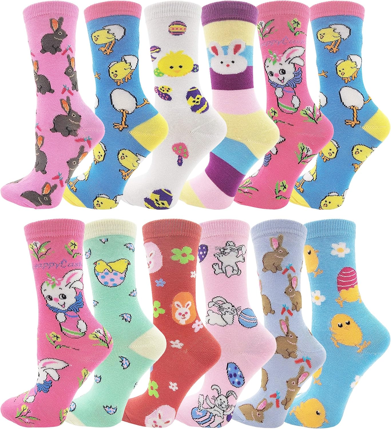 Easter Day Crew Socks for Women & Girls, 12 Pairs Holiday Bunnies Eggs