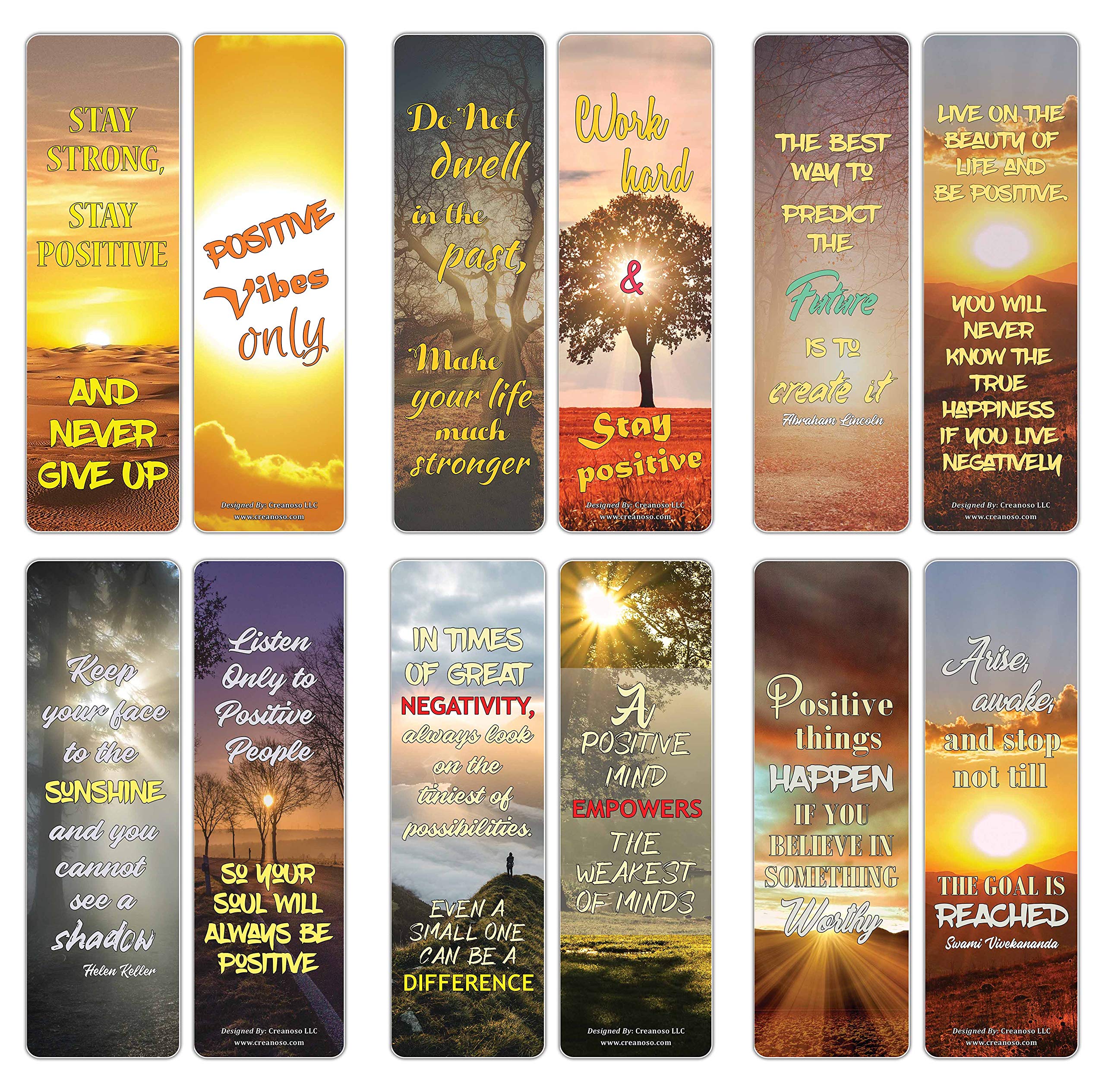 Creanoso Stay Positive Inspirational Sayings Sun Bookmark Cards (12-Pack) – Premium Gifts Bookmarks for Bookworm – Stocking Stuffers for Men, Women, Teen, Bookworms – Office Supplies – DIY Kit