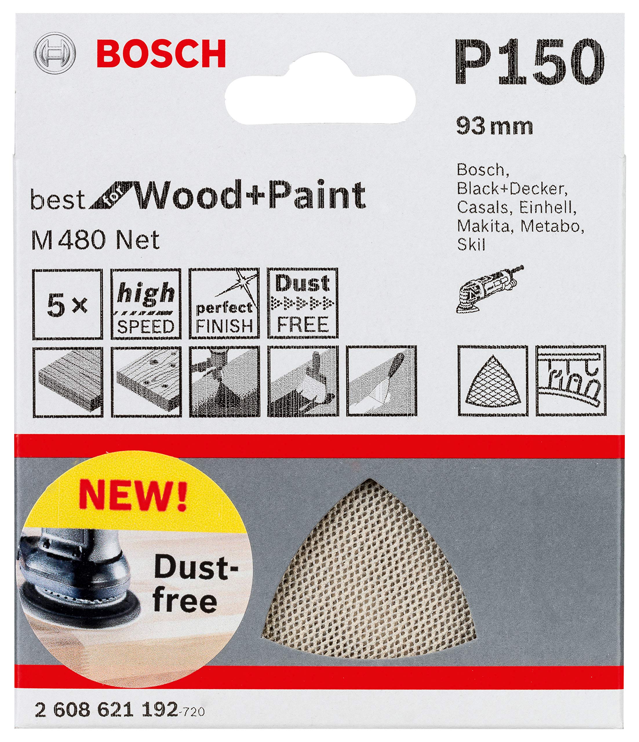 Bosch Professional Set of 5 Triangular Sanding Pads M480 Best for Wood and Paint (Wood and Paint, Ø 115 mm, grit G150, Accessories for Delta Sander)