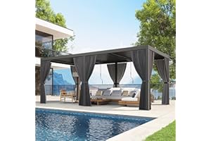 GS CHIER 10'×20' Outdoor Louvered Pergola, Aluminum Outdoor Louvered Pergola Patio with Adjustable Roof for Outdoor Deck, Backyard, Garden (10x20FT with Curtain)