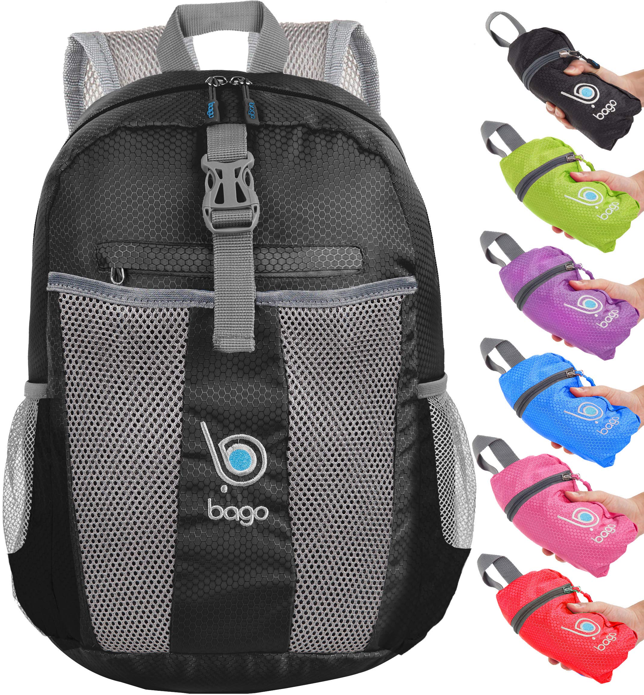 Bago Lightweight Small Hiking Backpack for Women and Men - 25L Travel Day Pack - Foldable Hiking Daypack Ultralight for Camping Outdoor Sports - Day Bag Packable Backpack for Travel (Black)