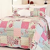 Cmfshape Summer Floral Queen Quilted Bedspread,Romantic Pink Quilt Set,Reversible Stitched Bedding Set All Season,Soft Lightweight Coverlet with Pillow Cases (Pink&Grey, Queen90 x90)