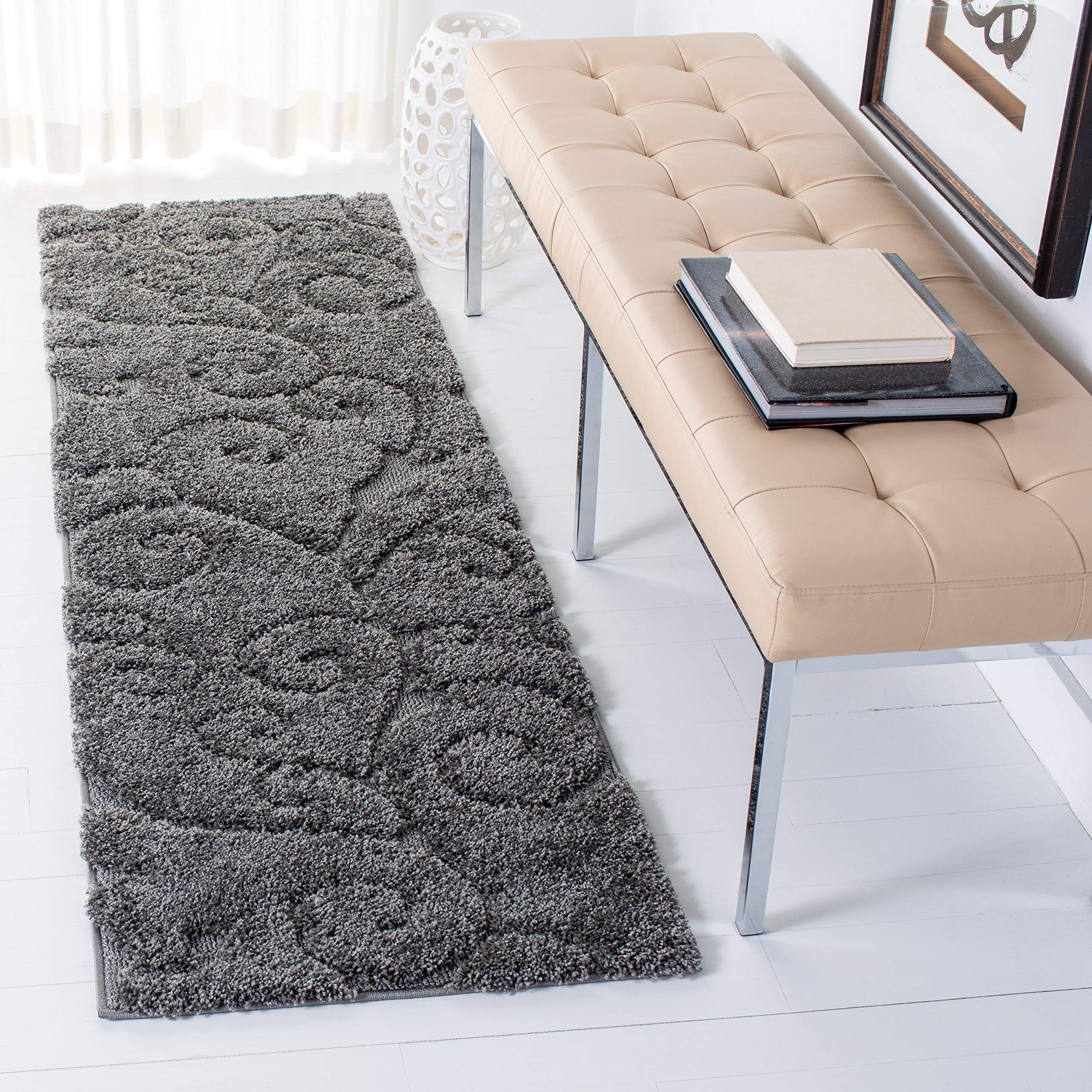 SAFAVIEH Florida Shag Collection Runner Rug - 2'3" x 17', Grey, Scroll Design, Non-Shedding & Easy to Clean, High-Low Plush Pile, Ideal for Bedroom, Foyer, Hallway (SG455-8013) Image