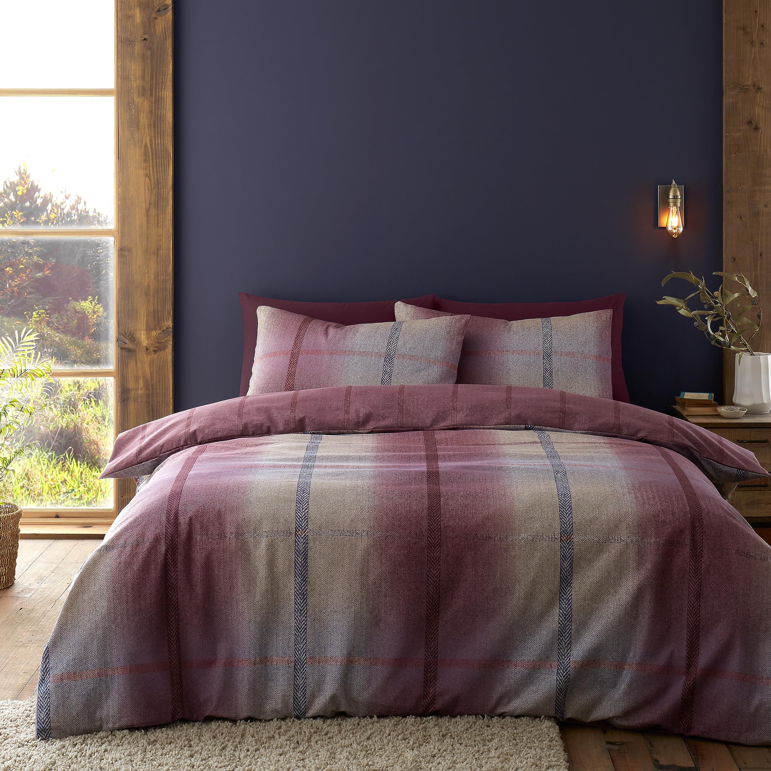 Catherine Lansfield Brushed Cotton Melrose Tweed Check Reversible Double Duvet Cover Set with Pillowcases Plum